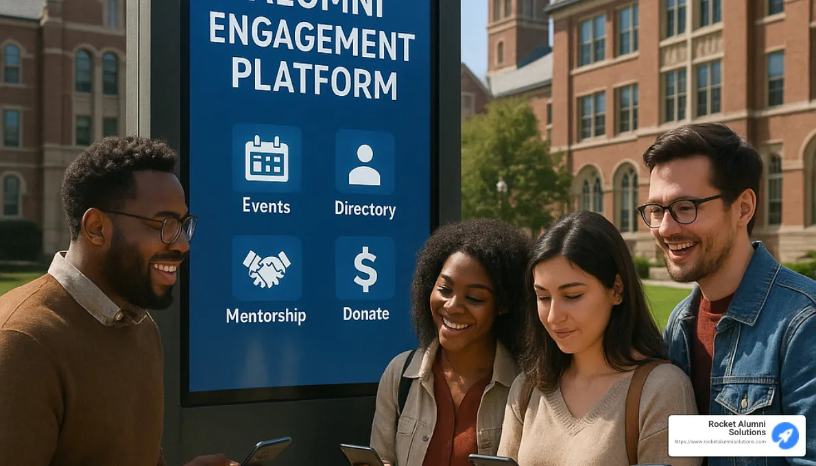 Alumni engagement technology platforms showing interactive displays and mobile integration - alumni engagement solutions Alumni engagement technology platforms showing interactive displays and mobile integration - alumni engagement solutions