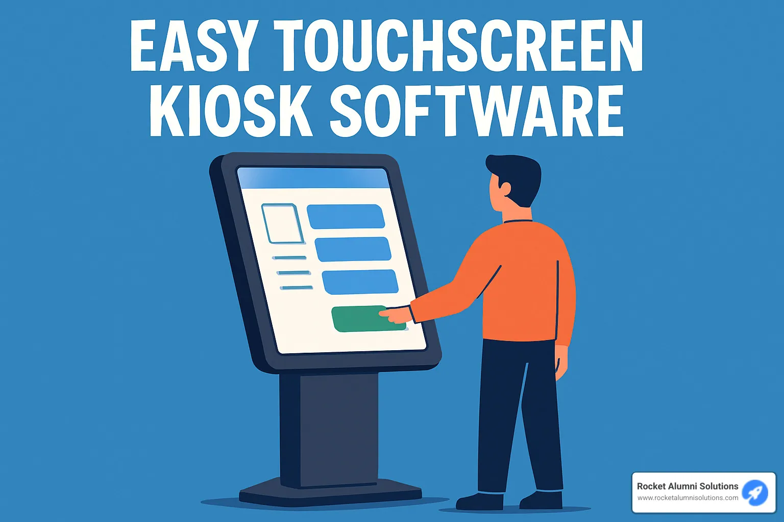 Retail self-service kiosk with customer making a selection on touchscreen display - Easy Touchscreen Kiosk Software