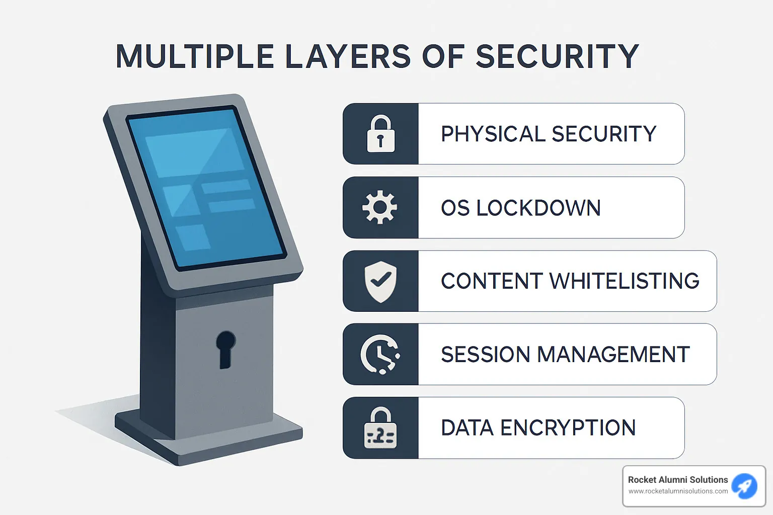 Security diagram showing layers of protection from physical security to data encryption - Easy Touchscreen Kiosk Software