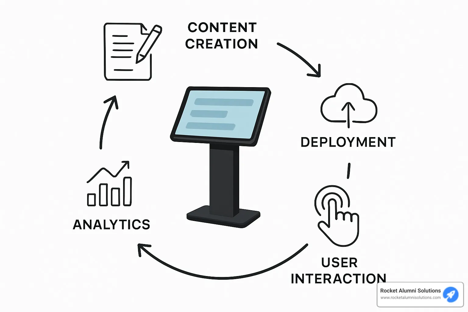 Touchscreen kiosk workflow showing content creation, deployment, user interaction, and analytics in a circular process - Easy Touchscreen Kiosk Software