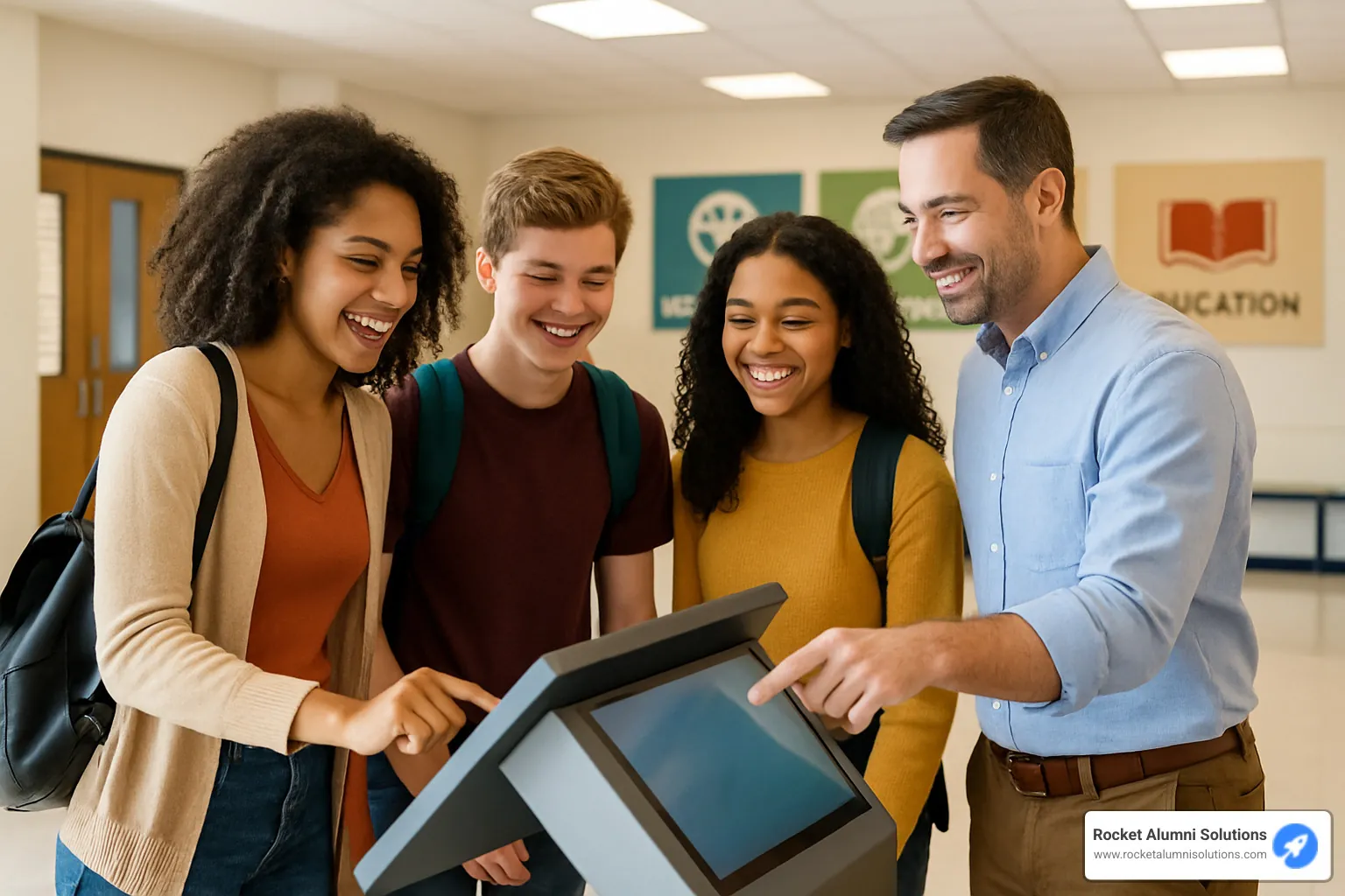 Happy users interacting with a touchscreen kiosk in an educational setting - Easy Touchscreen Kiosk Software