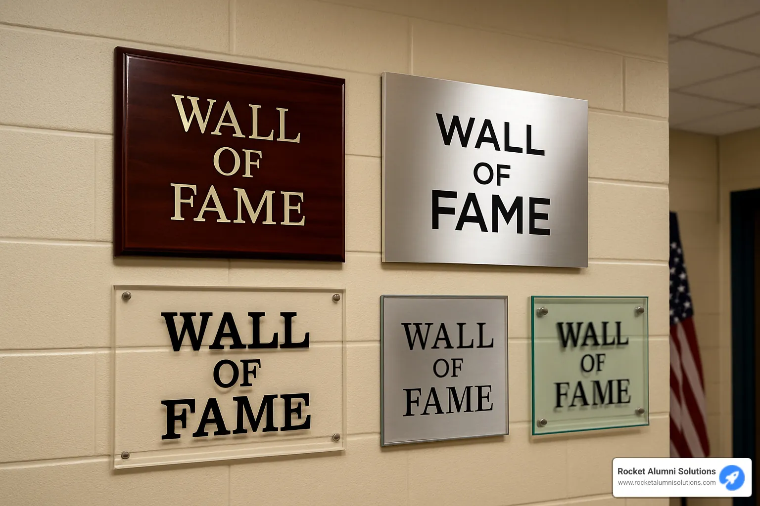 Examples of different plaque materials and finishes - wall of fame plaques