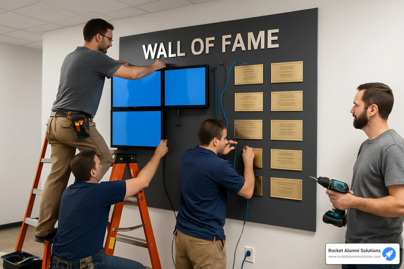 Installation team mounting a hybrid wall of fame display - wall of fame plaques