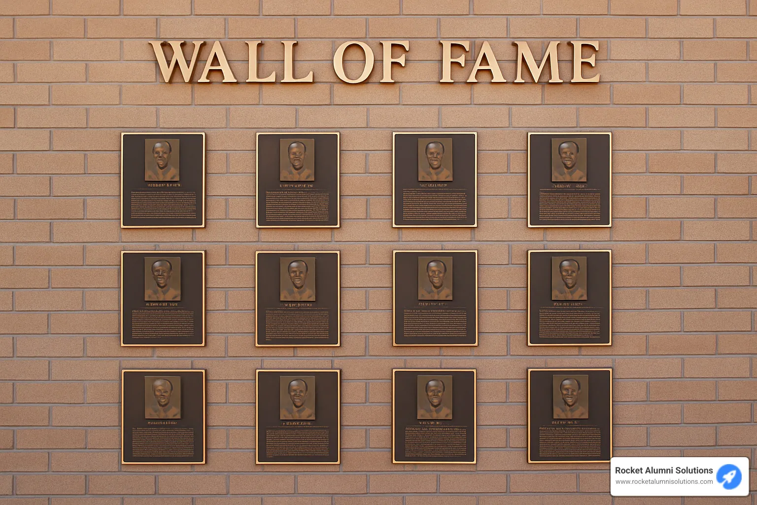Completed wall of fame installation with mixed materials and lighting - wall of fame plaques