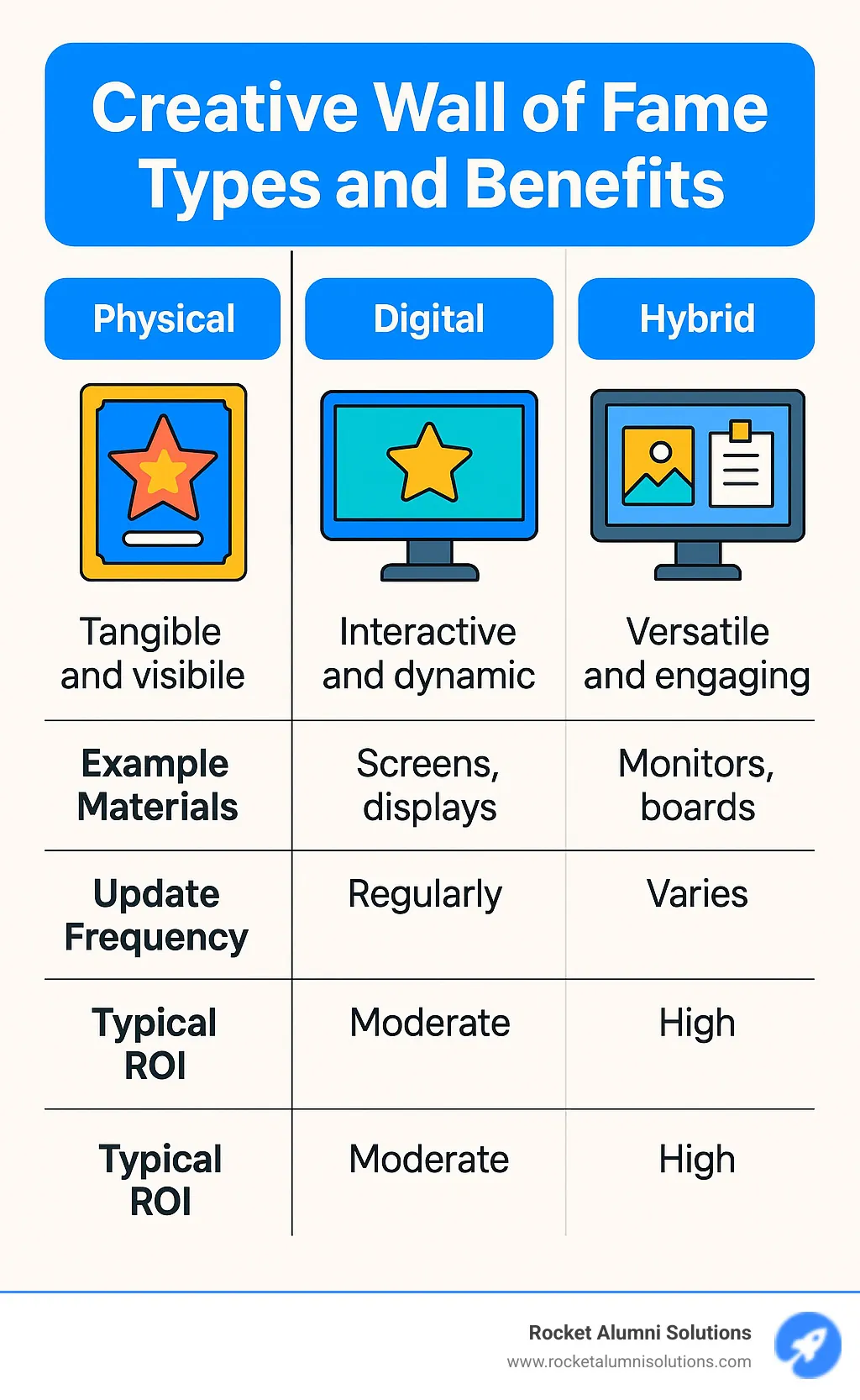 Creative Wall of Fame Types and Benefits showing physical, digital and hybrid options with their respective advantages, example materials, update frequency, and typical ROI metrics - creative wall of fame infographic Creative Wall of Fame Types and Benefits showing physical, digital and hybrid options with their respective advantages, example materials, update frequency, and typical ROI metrics - creative wall of fame infographic