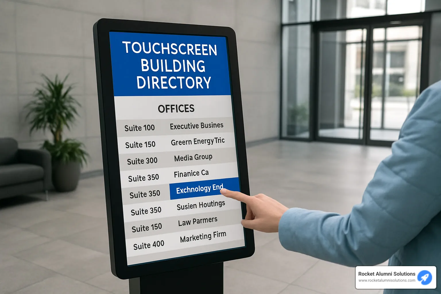 kiosk interface showing multiple features like directory, map, and events - Touchscreen Building DirectoryKiosk
