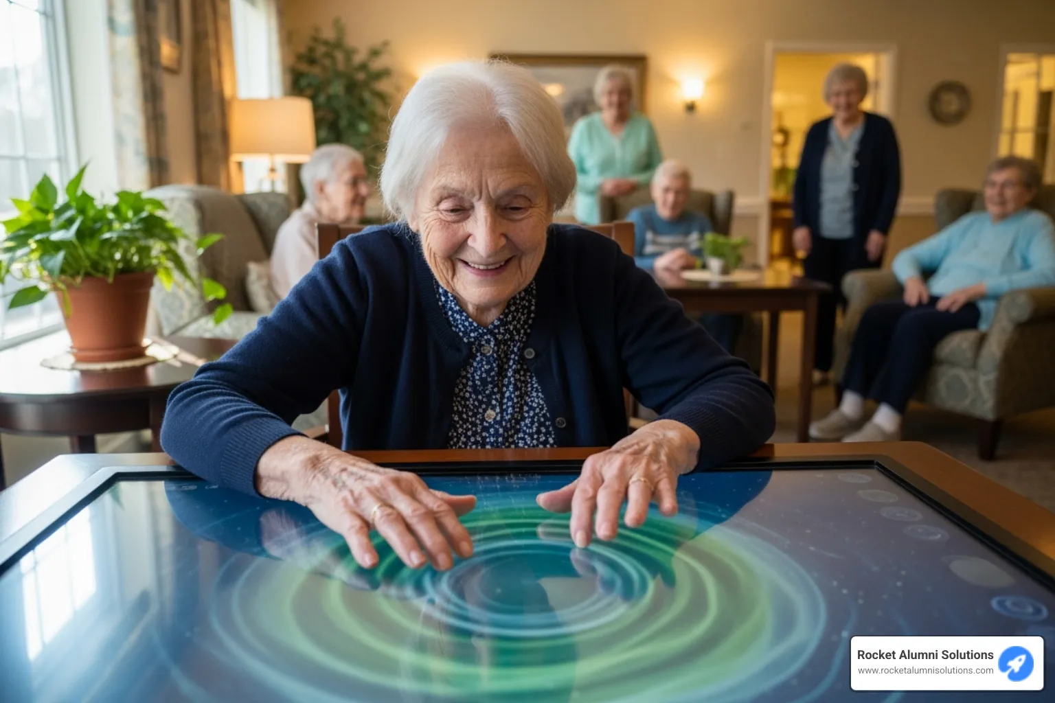 Resident with dementia smiling while interacting with a sensory app on a touchscreen table - Assisted Living Touchscreen