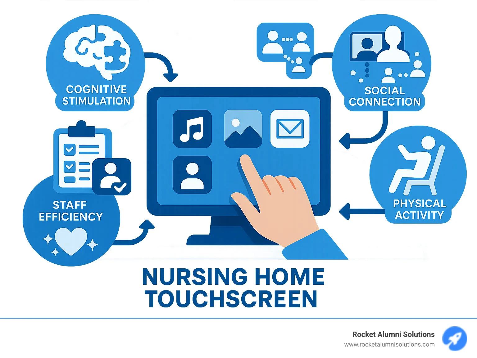 Infographic showing the comprehensive benefits of nursing home touchscreen technology including cognitive stimulation through brain games and puzzles, social connection via video calls and group activities, physical activity through guided exercises and virtual experiences, staff efficiency improvements in documentation and visitor management, and improved quality of life through personalized entertainment and communication tools - Nursing Home Touchscreen infographic
