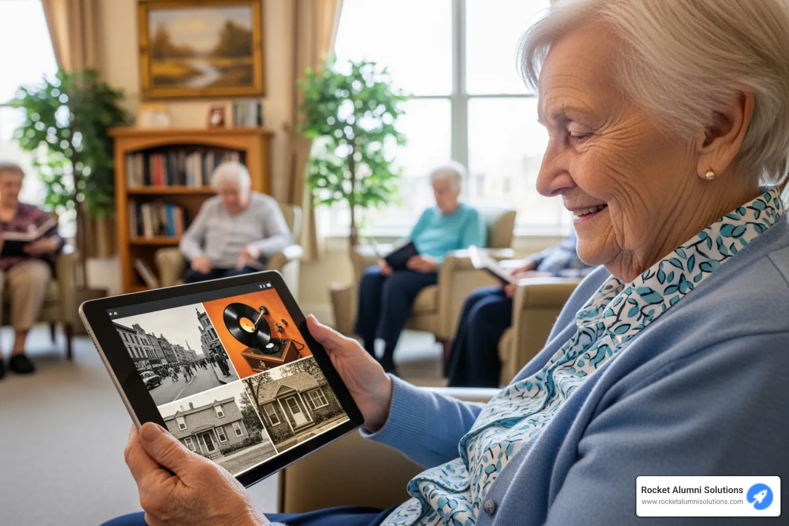resident with dementia smiling while using a reminiscence therapy app - Nursing Home Touchscreen