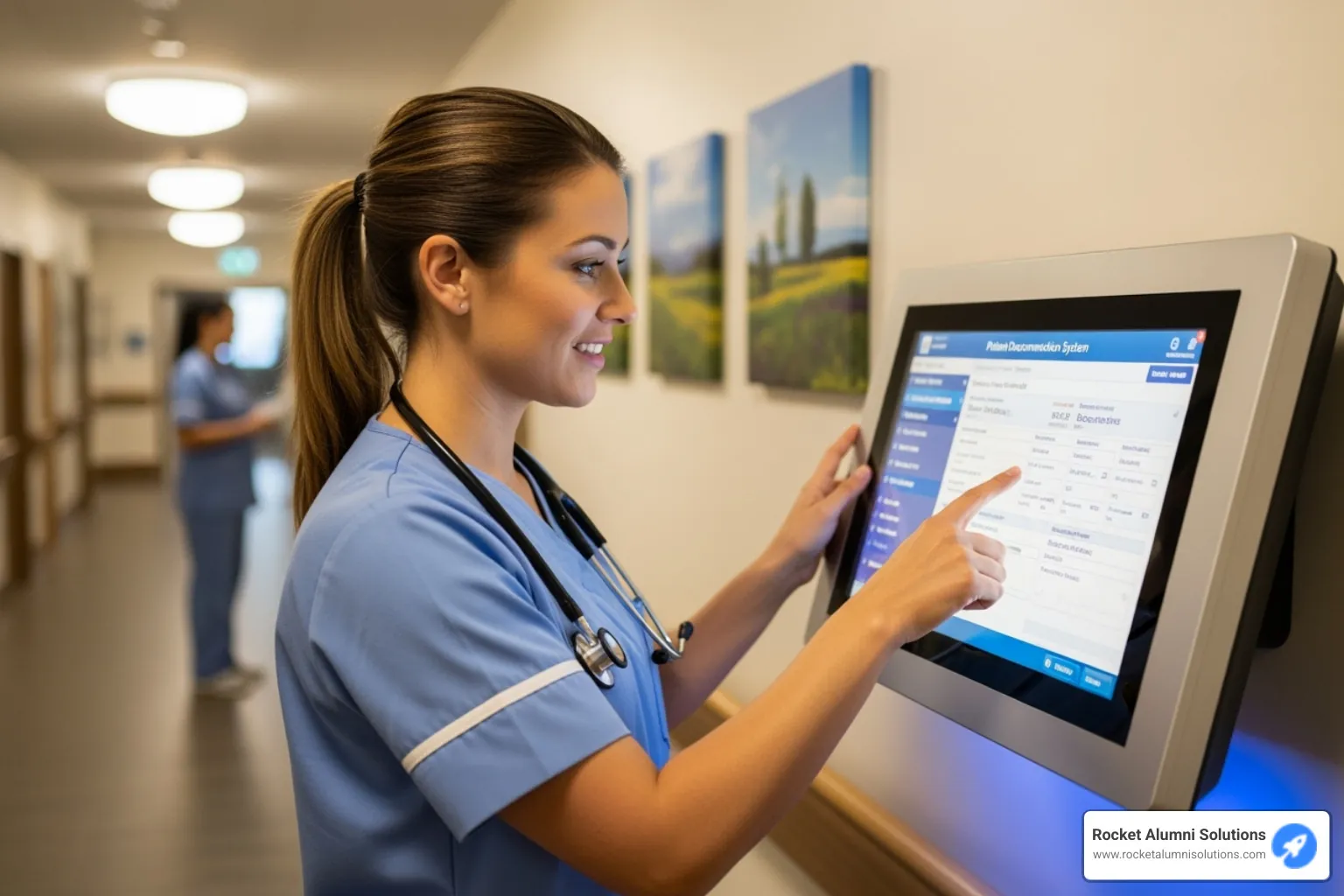 nurse using a touchscreen terminal for documentation - Nursing Home Touchscreen
