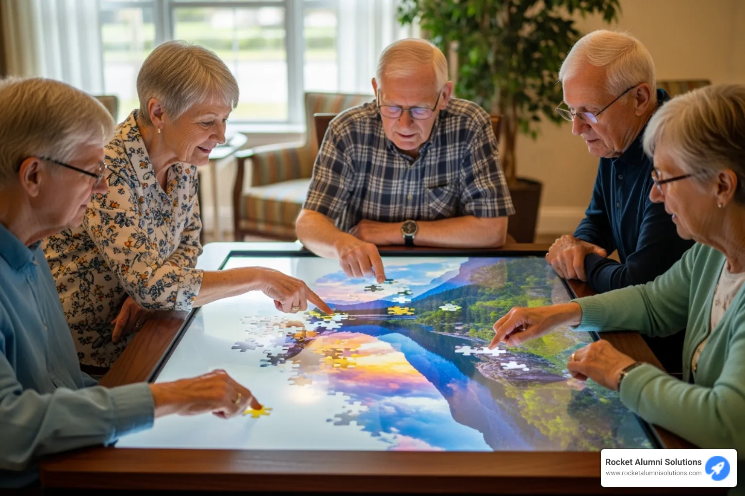 Seniors collaboratively solving a puzzle on an interactive table - Assisted Living and Nursing Home Touchscreen