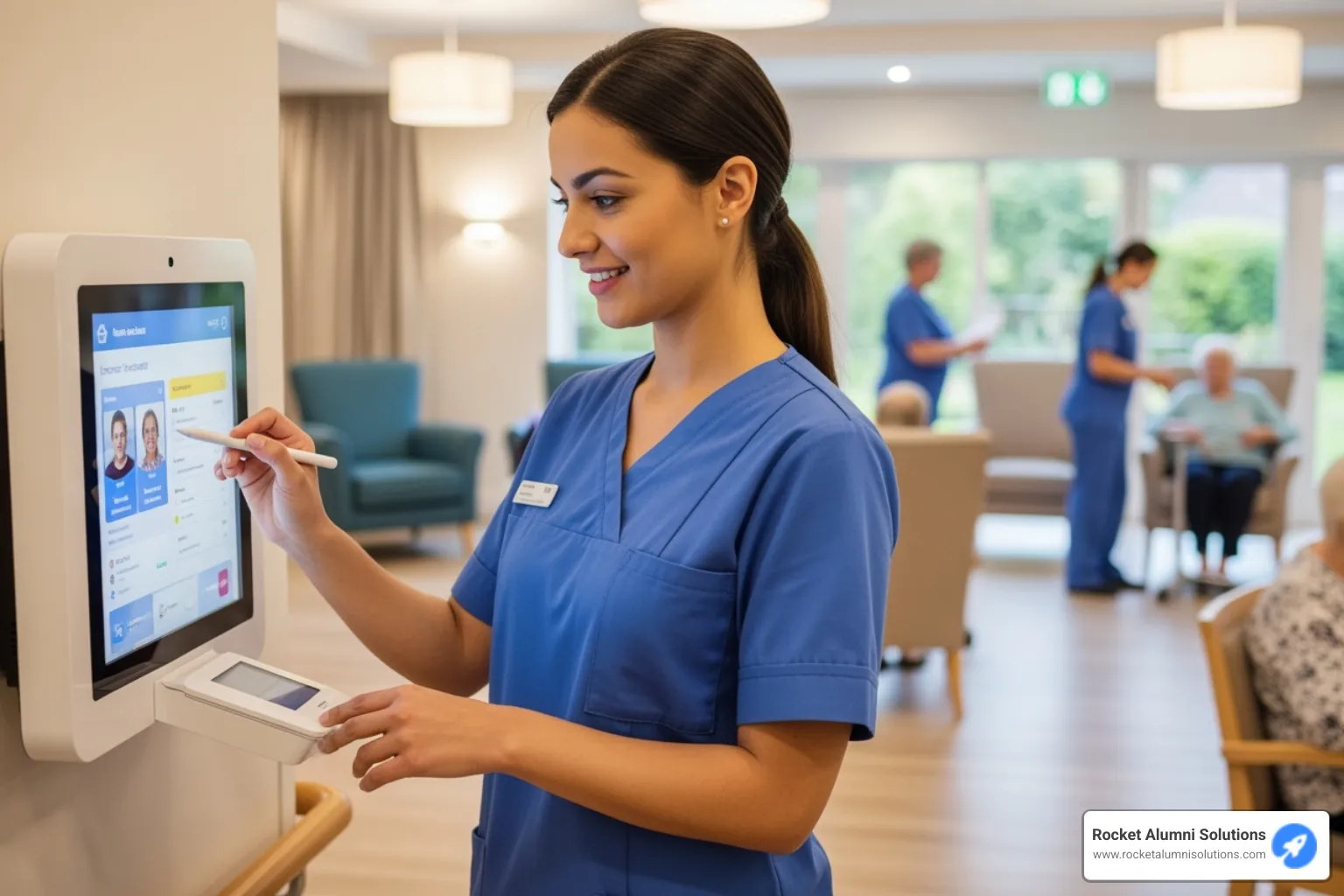 nurse efficiently updating resident information on a wall-mounted touchscreen kiosk - Nursing Home Kiosk nurse efficiently updating resident information on a wall-mounted touchscreen kiosk - Nursing Home Kiosk