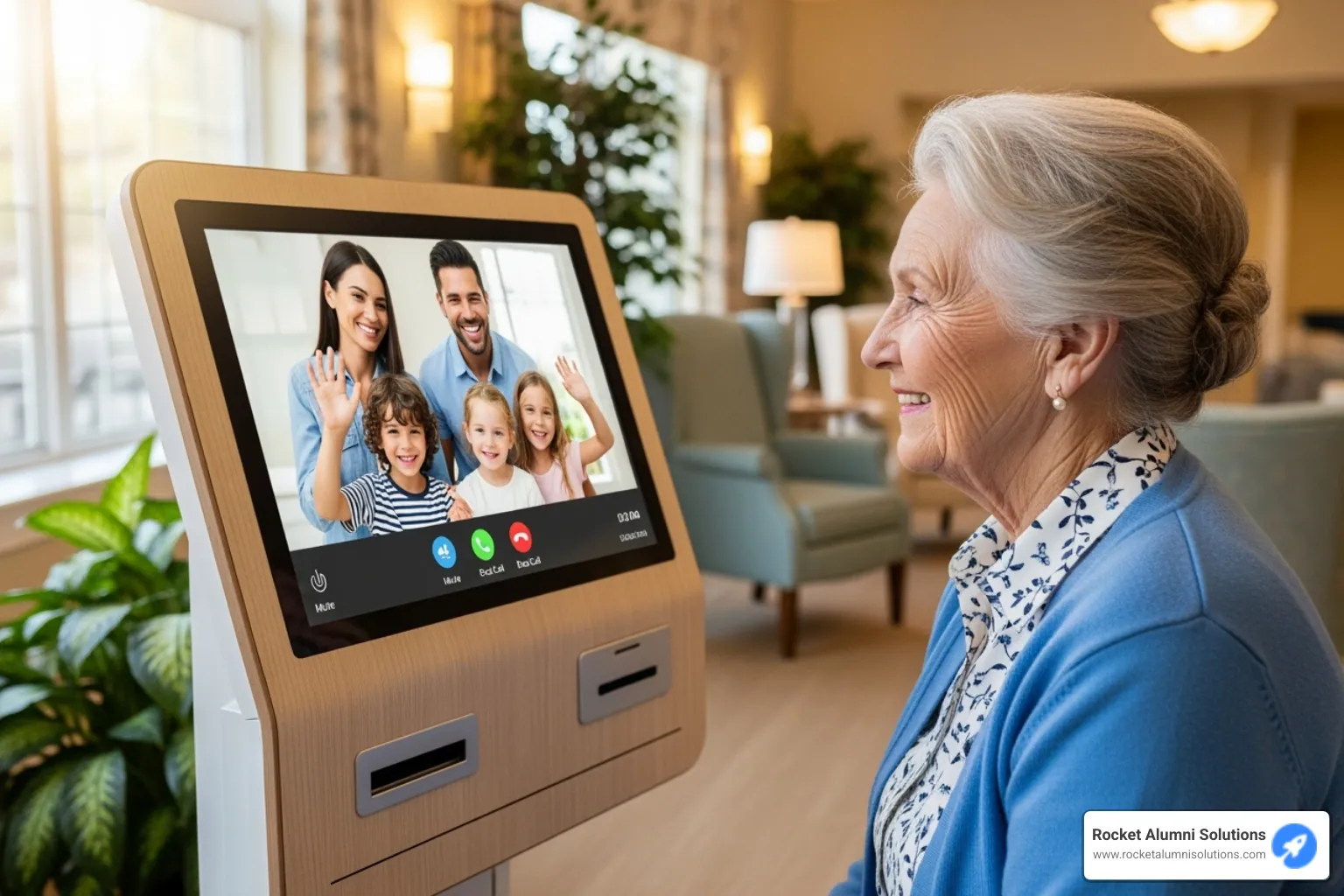 smiling senior resident video-chatting with family using a large, accessible kiosk - Nursing Home Kiosk smiling senior resident video-chatting with family using a large, accessible kiosk - Nursing Home Kiosk