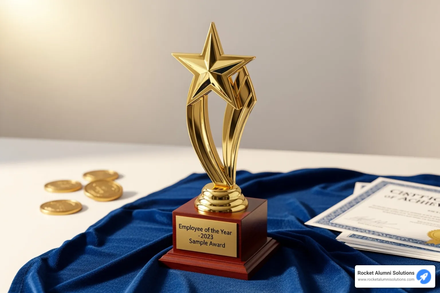A diverse team laughing and celebrating together in a modern office space, with some holding fun, informal awards - awards and recognition sample