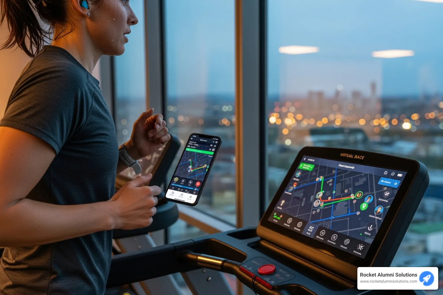 of a runner on a treadmill next to a window, with their phone showing a virtual race map app - virtual athletic events
