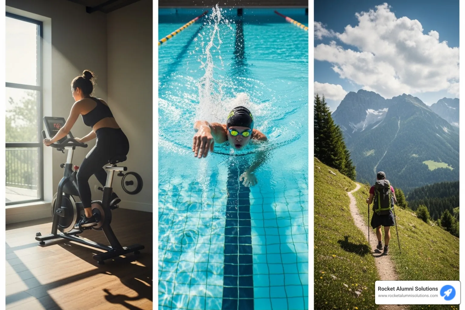 of a collage showing different activities: a person on a stationary bike, a swimmer in a pool, and someone hiking a trail - virtual athletic events