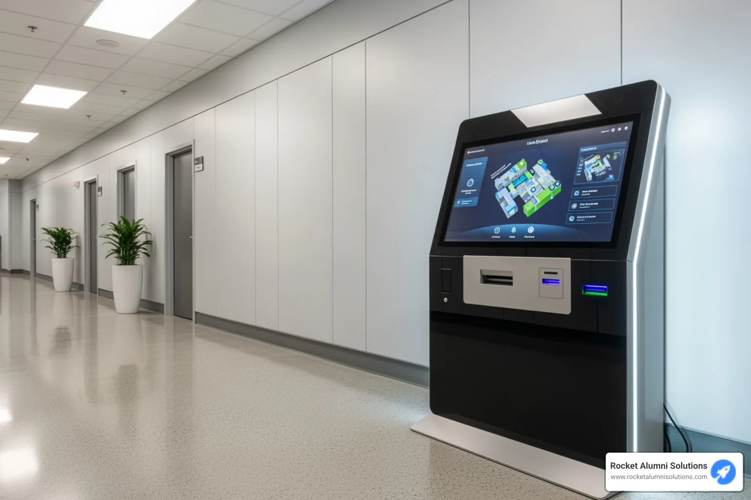 sleek, modern touchscreen kiosk in a facility hallway - Touchscreen Assisted Living Directory sleek, modern touchscreen kiosk in a facility hallway - Touchscreen Assisted Living Directory