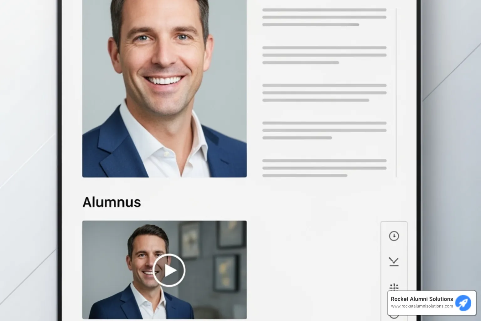 Image of an interactive alumni profile showing a mix of photos, bio text, and a video thumbnail. - Alumni Recognition Touchscreen