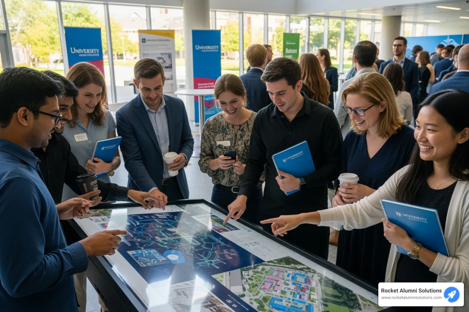 Image of students and alumni gathered around and interacting with a touchscreen display during a campus event. - Alumni Recognition Touchscreen