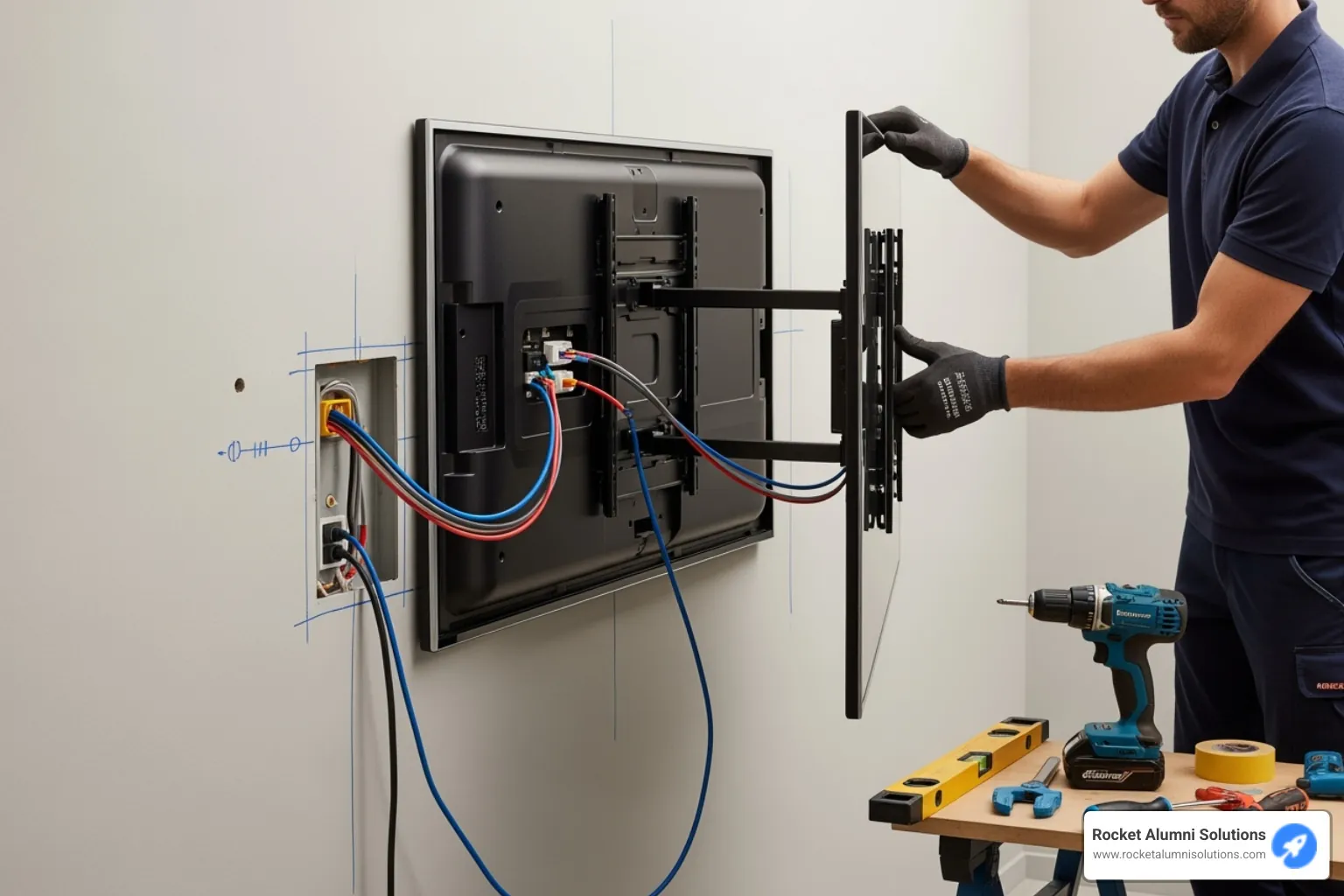 Image of a touchscreen display being installed on a wall, showing the mounting and wiring process. - Alumni Recognition Touchscreen