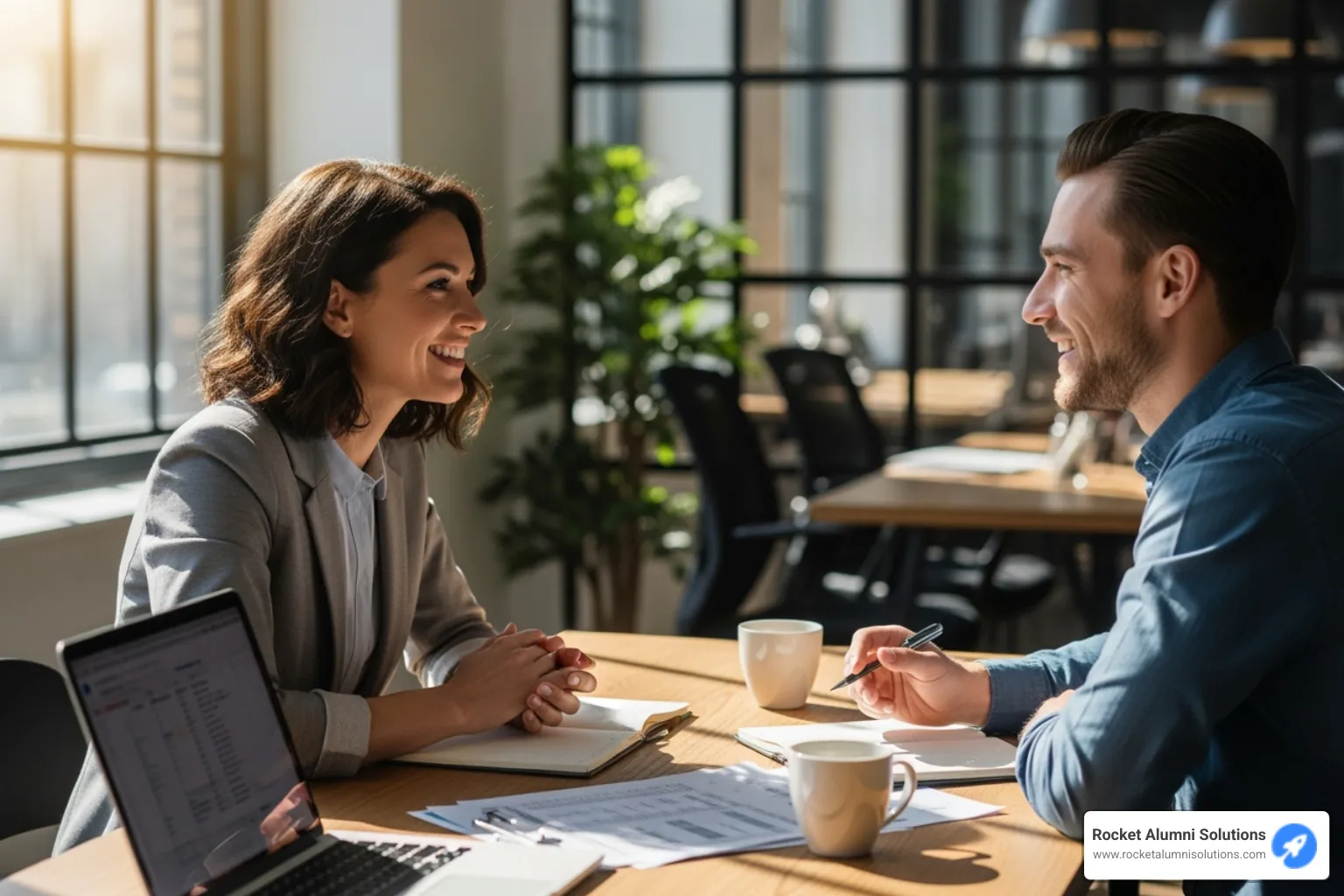 A manager and employee having a positive one-on-one meeting - employee engagement strategies A manager and employee having a positive one-on-one meeting - employee engagement strategies