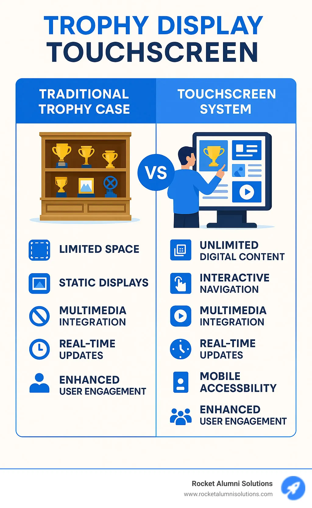 Comprehensive comparison infographic showing traditional trophy cases with limited space and static displays versus modern Trophy Display Touchscreen systems featuring unlimited digital content, interactive navigation, multimedia integration, real-time updates, mobile accessibility, and improved user engagement metrics - Trophy Display Touchscreen infographic Comprehensive comparison infographic showing traditional trophy cases with limited space and static displays versus modern Trophy Display Touchscreen systems featuring unlimited digital content, interactive navigation, multimedia integration, real-time updates, mobile accessibility, and improved user engagement metrics - Trophy Display Touchscreen infographic
