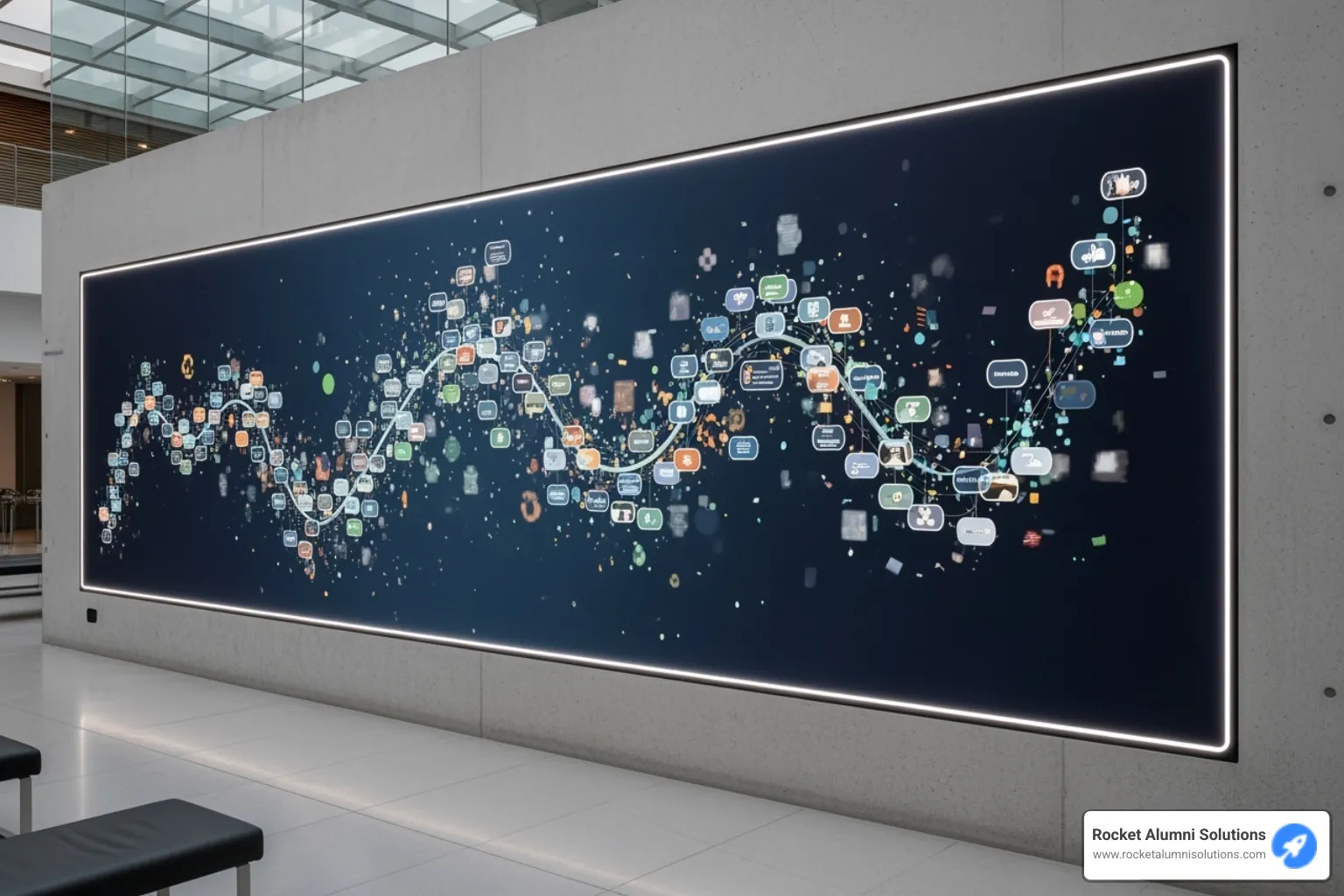 A touchscreen displaying an interactive historical timeline with images and text nodes - Community Recognition Touchscreen A touchscreen displaying an interactive historical timeline with images and text nodes - Community Recognition Touchscreen