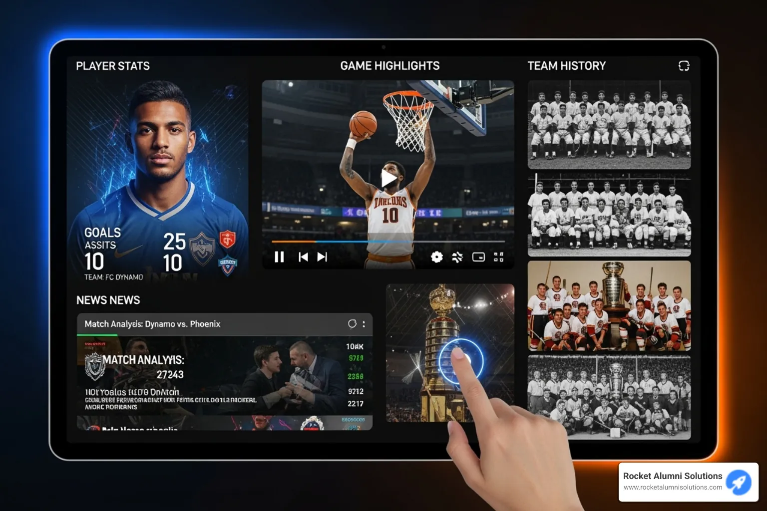 screen displaying a collage of content types like player stats, video highlights, and team photos - Kiosk Touchscreen Trophy Case Display