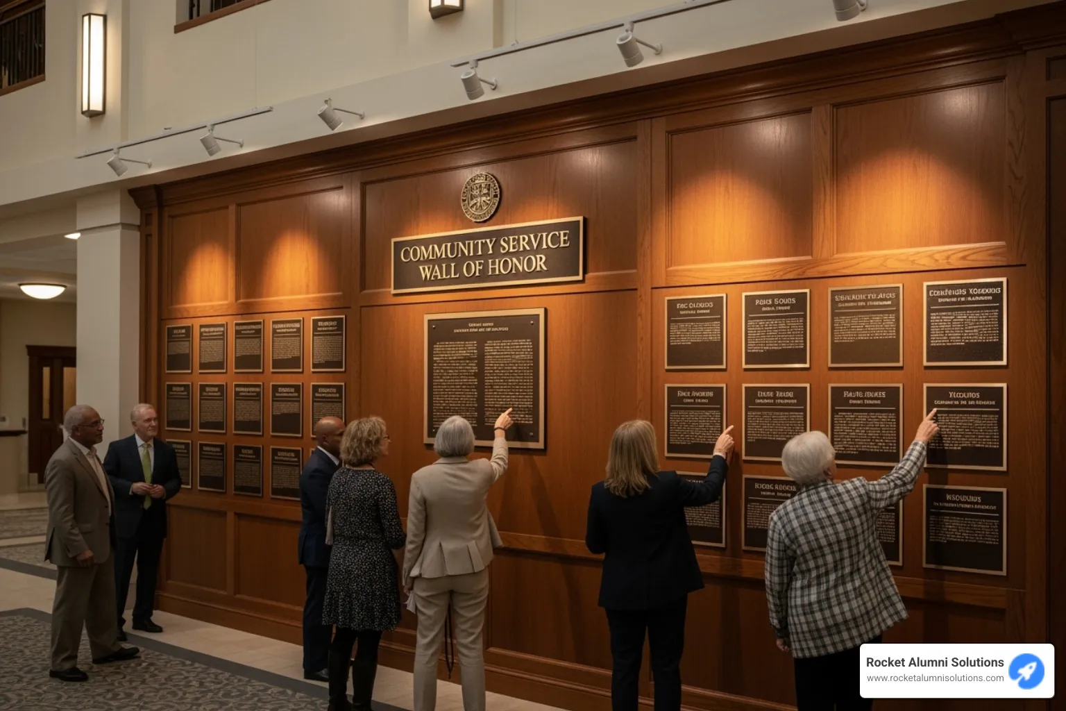 Side-by-side comparison of a traditional plaque wall and a modern digital display - Community Service Wall of Honor