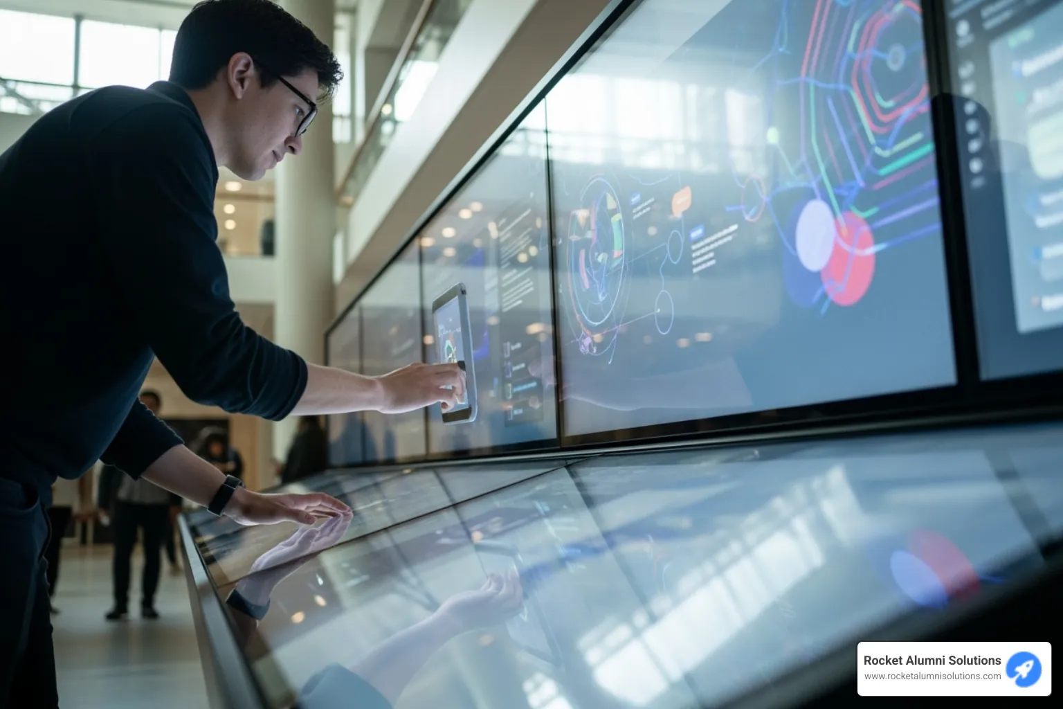 person interacting with a large, multi-panel touchscreen wall - electronic donor walls person interacting with a large, multi-panel touchscreen wall - electronic donor walls