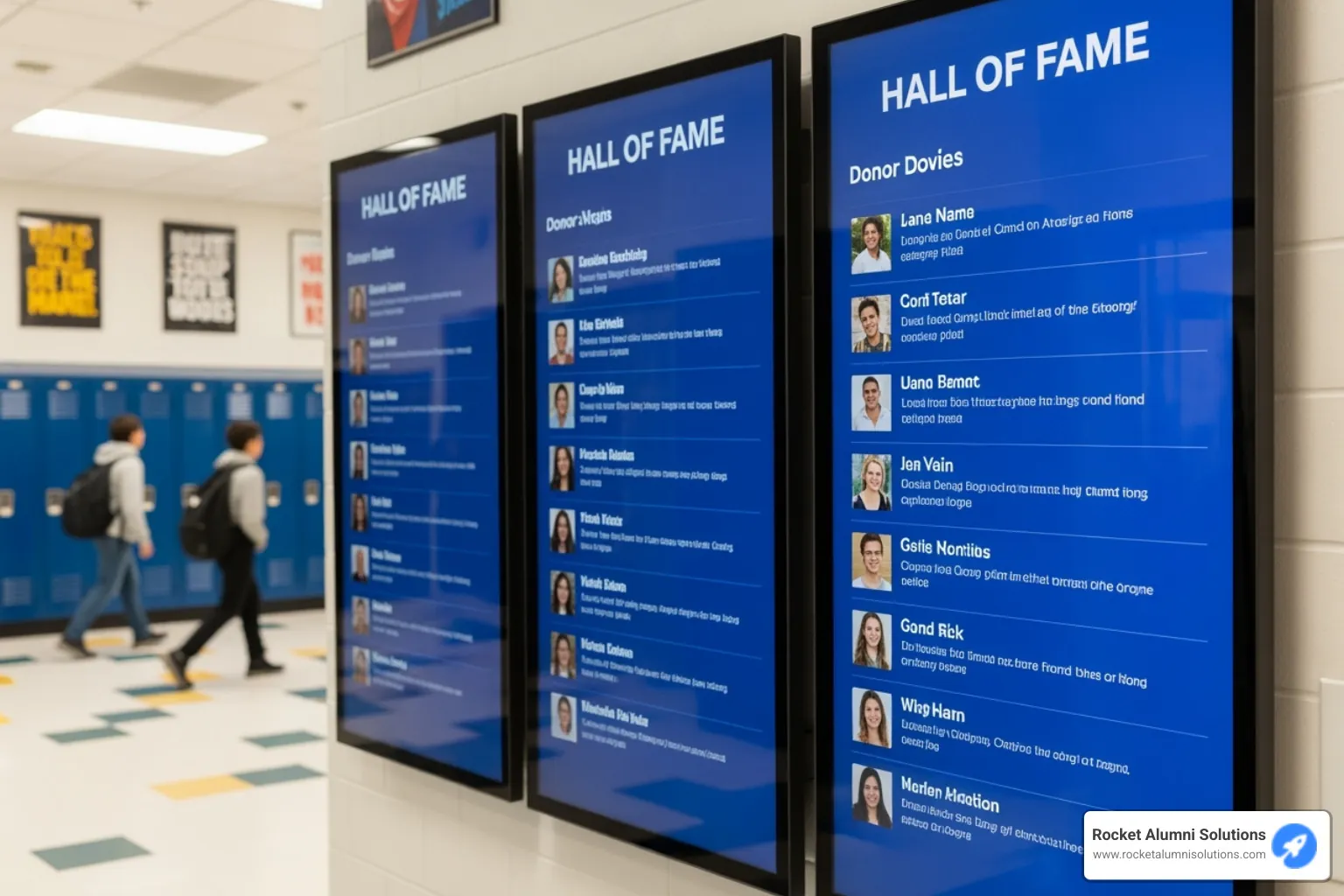 Digital hall of fame in a school hallway - Donor Recognition Touchscreen