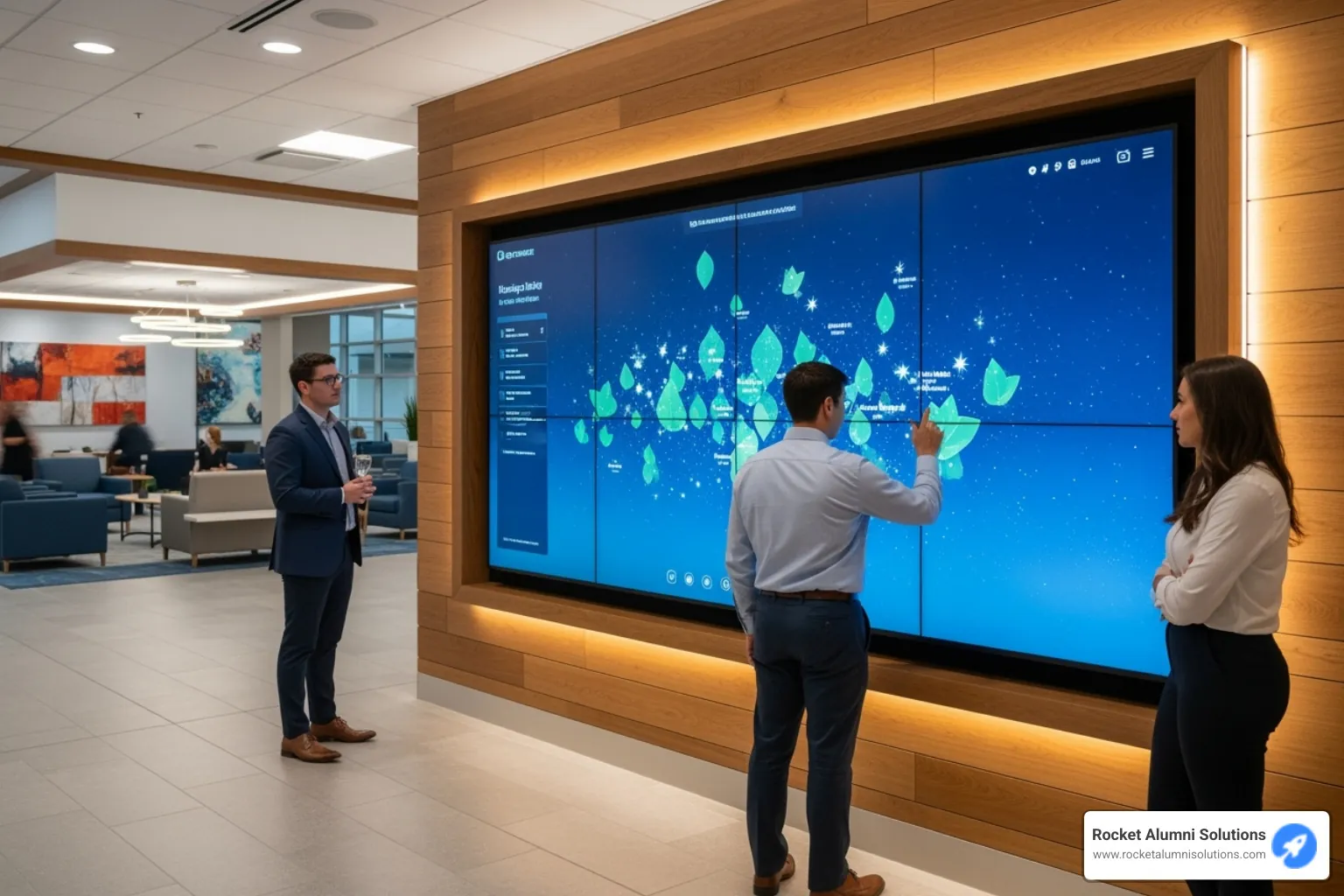 A donor interacting with a touchscreen wall, smiling - Donor Appreciation Touchscreen Wall