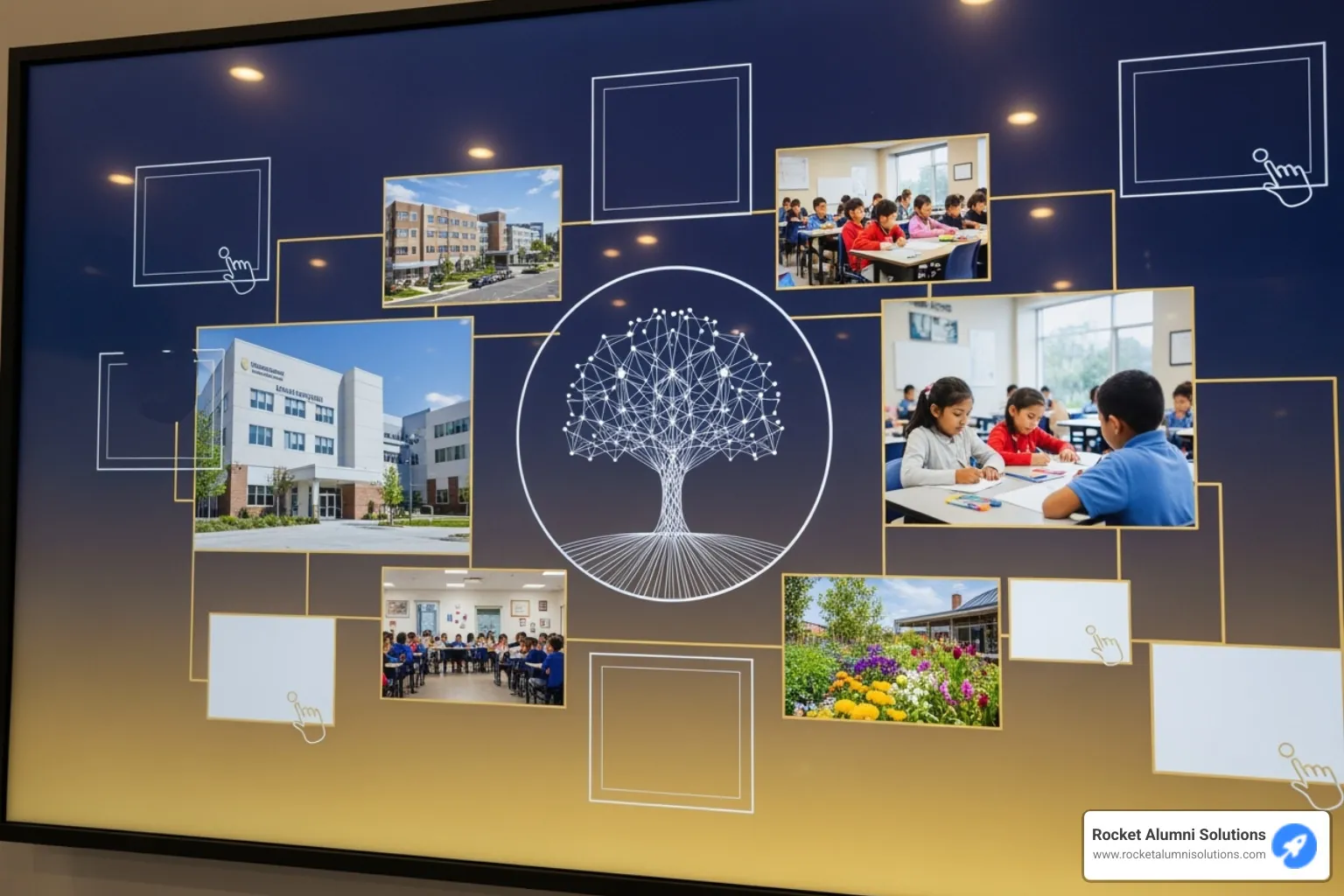 A close-up on a touchscreen displaying a custom-branded interface with multiple interactive elements - Donor Appreciation Touchscreen Wall
