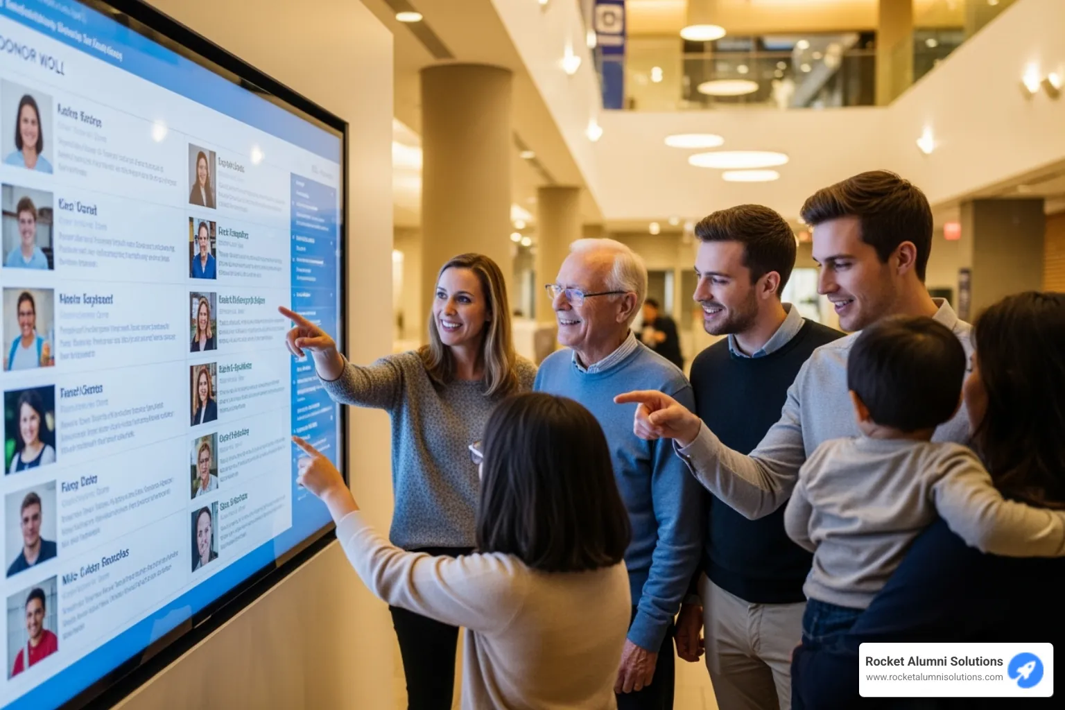 A diverse group of people engaging with a donor appreciation touchscreen wall in a public space - Donor Appreciation Touchscreen Wall