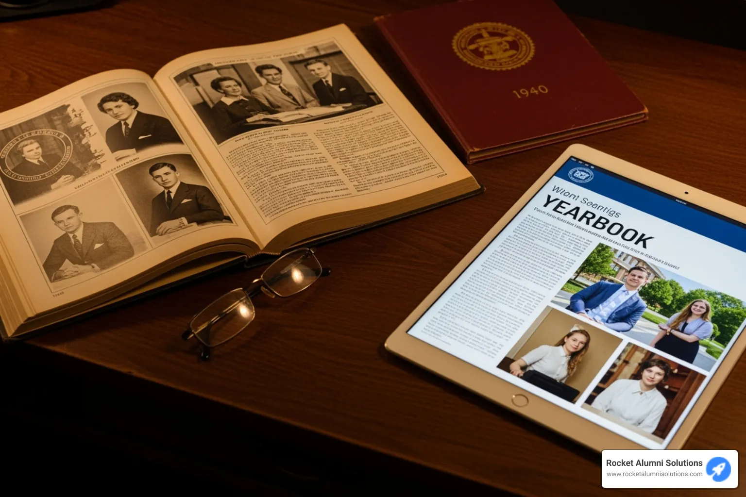 vintage 1940s yearbook compared to a modern digital yearbook on a tablet - yearbooks for sale online