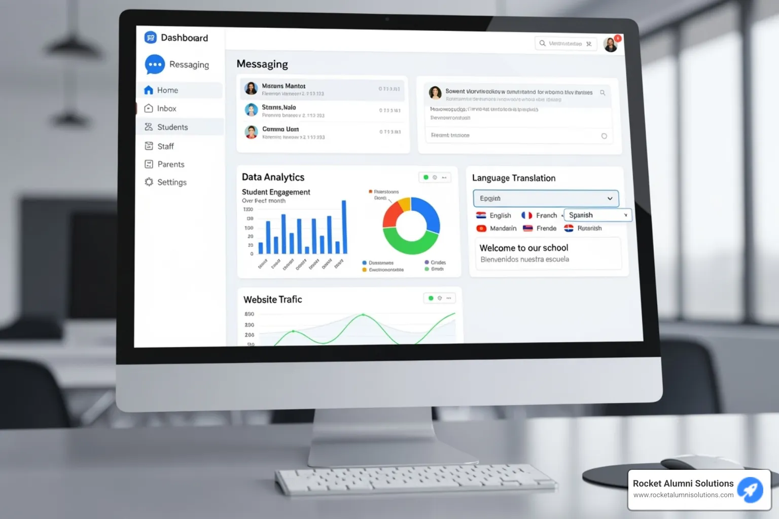 Image of a dashboard showing key communication platform features including messaging, analytics, and translation options - school communication tools Image of a dashboard showing key communication platform features including messaging, analytics, and translation options - school communication tools