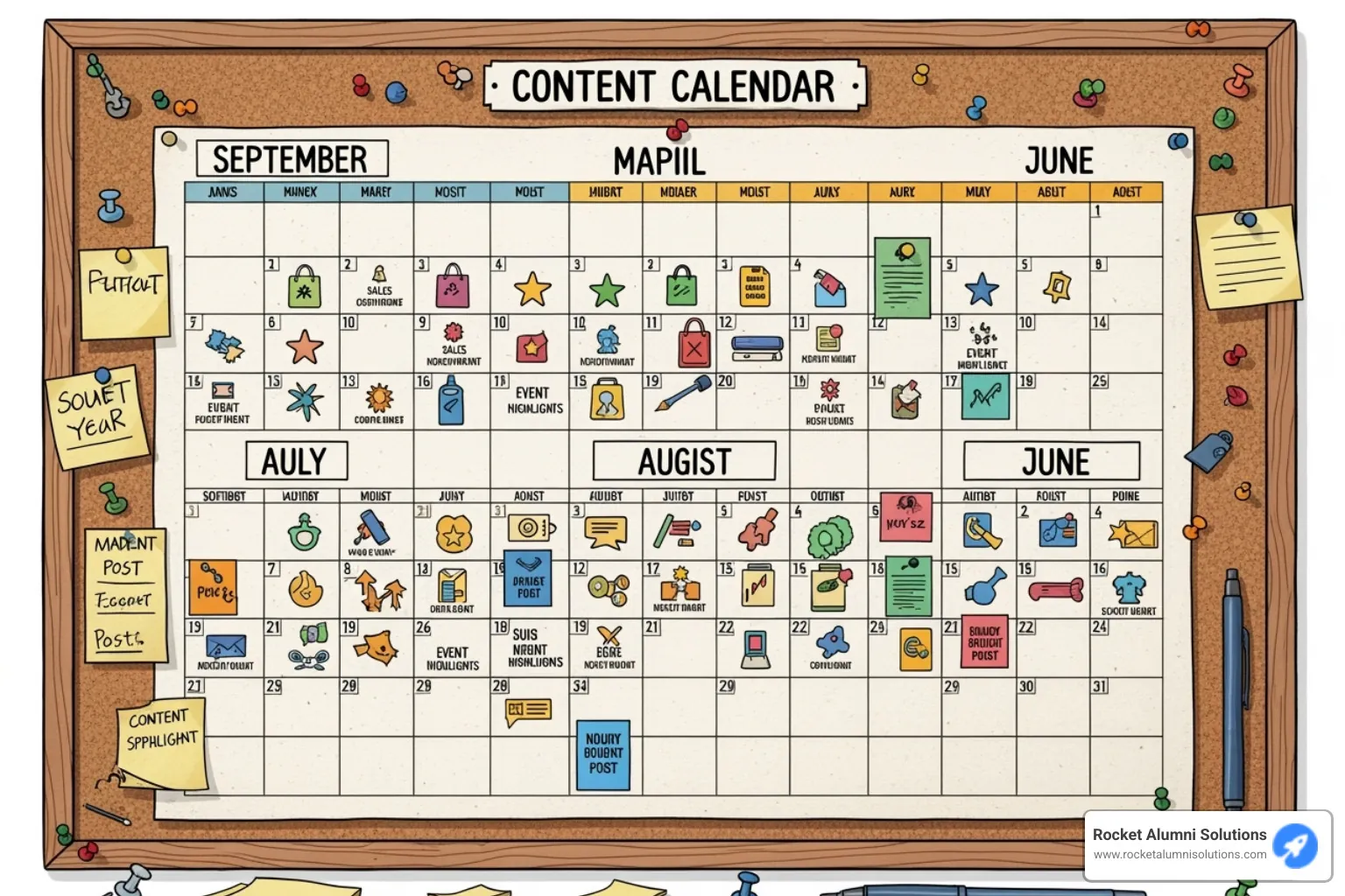 Sample social media content calendar for a school year, showing different types of posts scheduled monthly, including sales announcements, event highlights, and content spotlights. - yearbook social media Sample social media content calendar for a school year, showing different types of posts scheduled monthly, including sales announcements, event highlights, and content spotlights. - yearbook social media