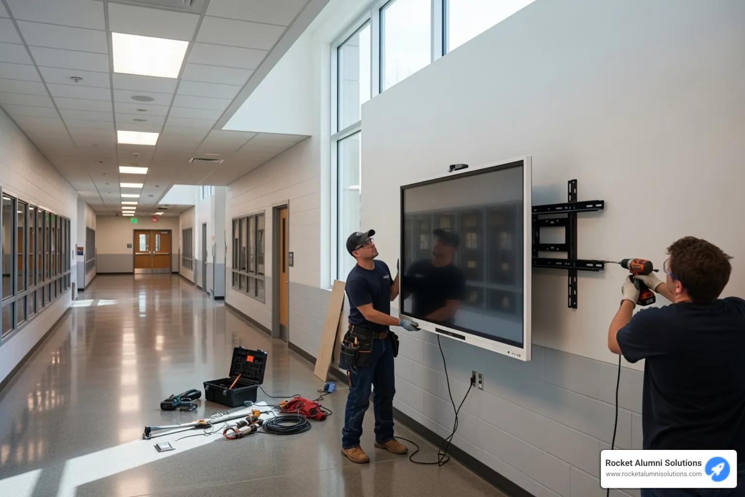 Touchscreen being installed in a school hallway - Community Service Recognition Touchscreen Touchscreen being installed in a school hallway - Community Service Recognition Touchscreen