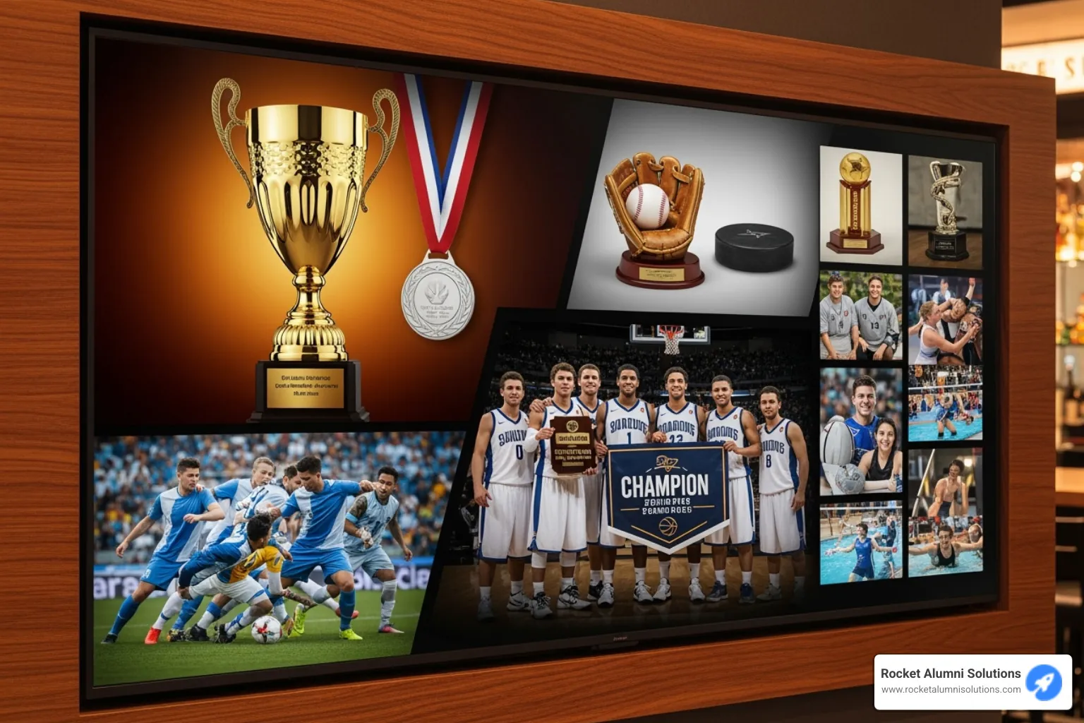A modern digital display showcasing various sports awards and team photos - sports superlatives ideas A modern digital display showcasing various sports awards and team photos - sports superlatives ideas