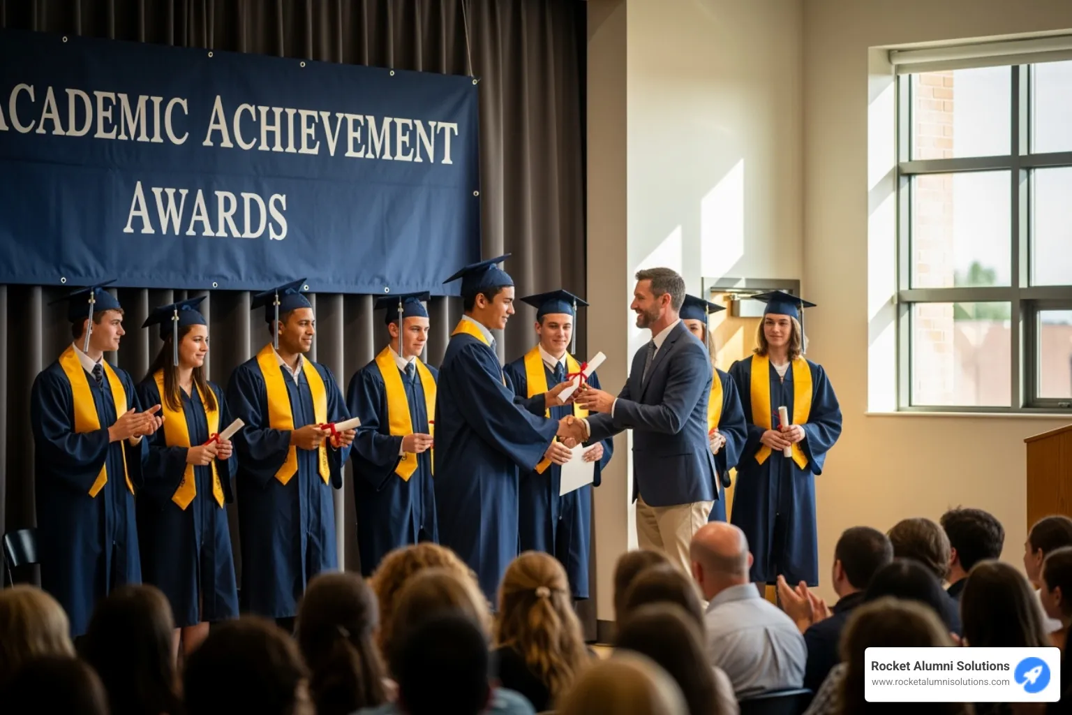Students receiving certificates at a school assembly - Student superlative awards Students receiving certificates at a school assembly - Student superlative awards