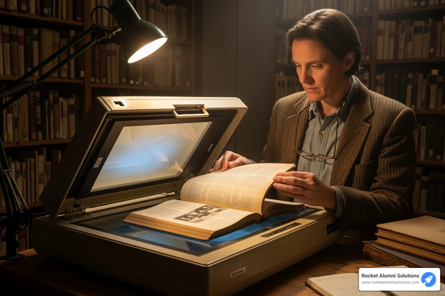 A librarian carefully scanning an old yearbook page in a dimly lit archive room, emphasizing the meticulous process of digitization - digital yearbook Boston A librarian carefully scanning an old yearbook page in a dimly lit archive room, emphasizing the meticulous process of digitization - digital yearbook Boston