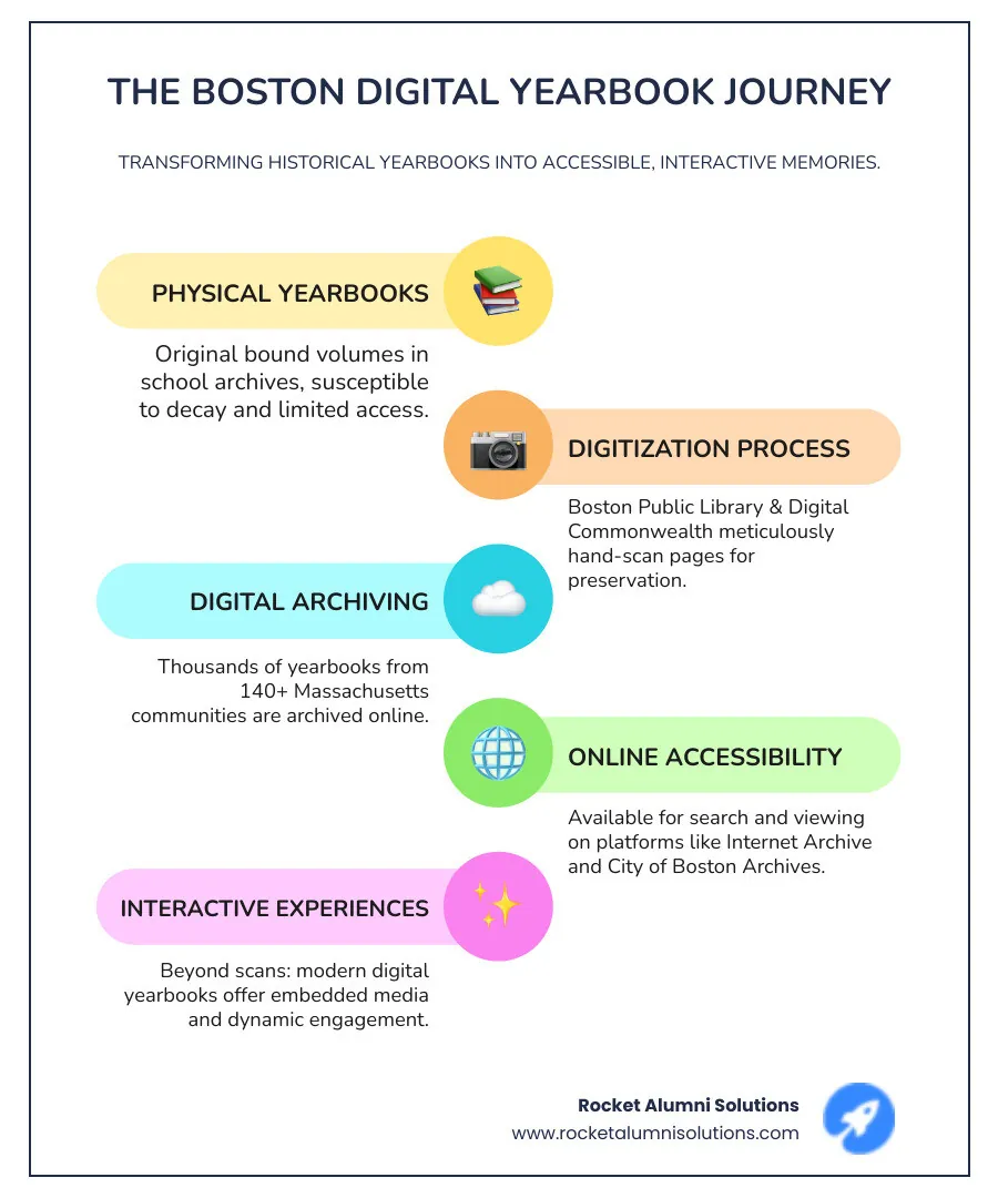 Infographic showing the complete process of Boston yearbook digitization: from physical yearbooks in school archives, through scanning and digital preservation by Boston Public Library and Digital Commonwealth, to final online access via Internet Archive and specialized platforms, with icons representing each step and major institutions involved - digital yearbook Boston infographic infographic-line-5-steps-colors Infographic showing the complete process of Boston yearbook digitization: from physical yearbooks in school archives, through scanning and digital preservation by Boston Public Library and Digital Commonwealth, to final online access via Internet Archive and specialized platforms, with icons representing each step and major institutions involved - digital yearbook Boston infographic infographic-line-5-steps-colors