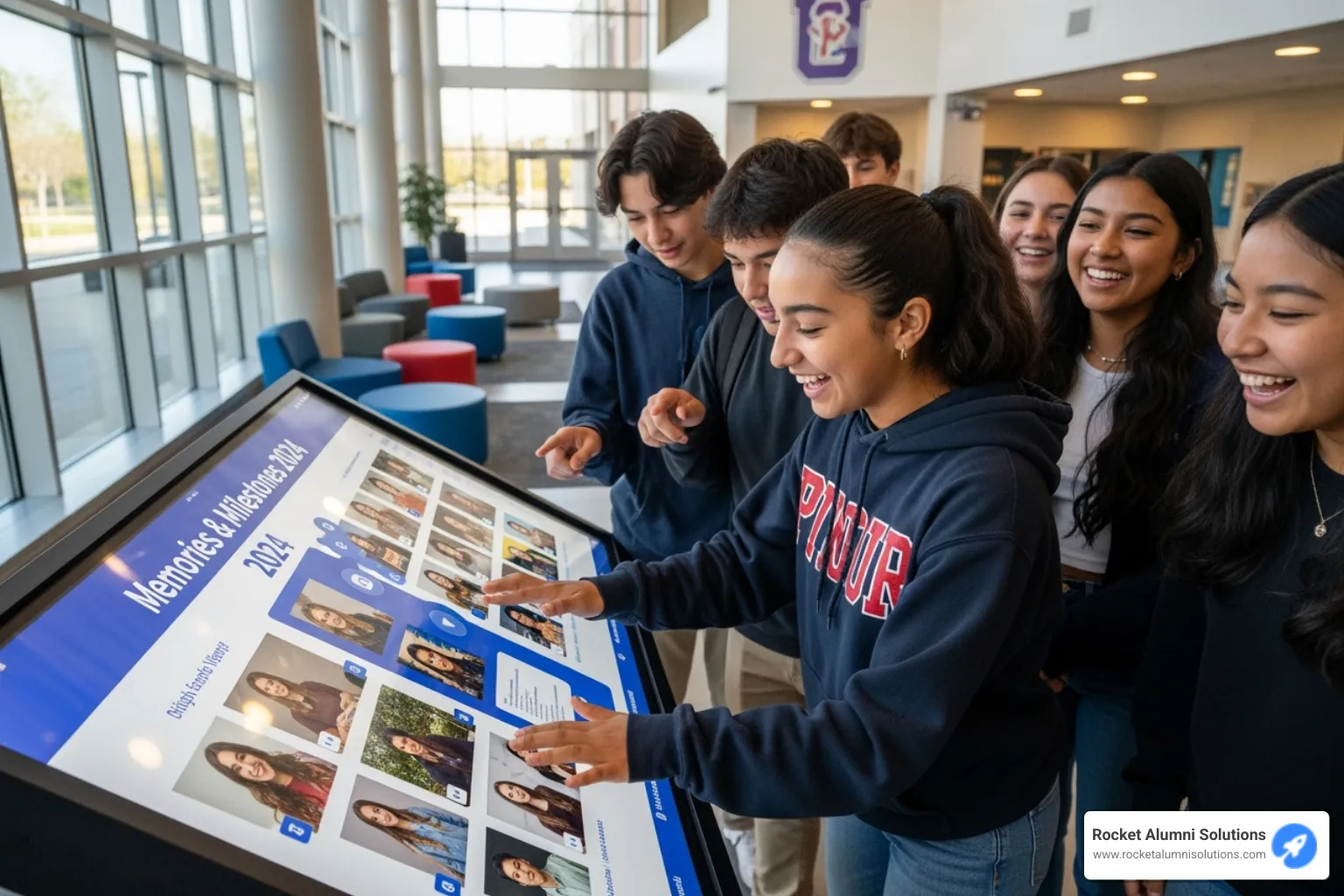 A student enthusiastically interacting with a large, vibrant touchscreen display showcasing a digital yearbook, with other students in the background observing - digital yearbook Boston A student enthusiastically interacting with a large, vibrant touchscreen display showcasing a digital yearbook, with other students in the background observing - digital yearbook Boston