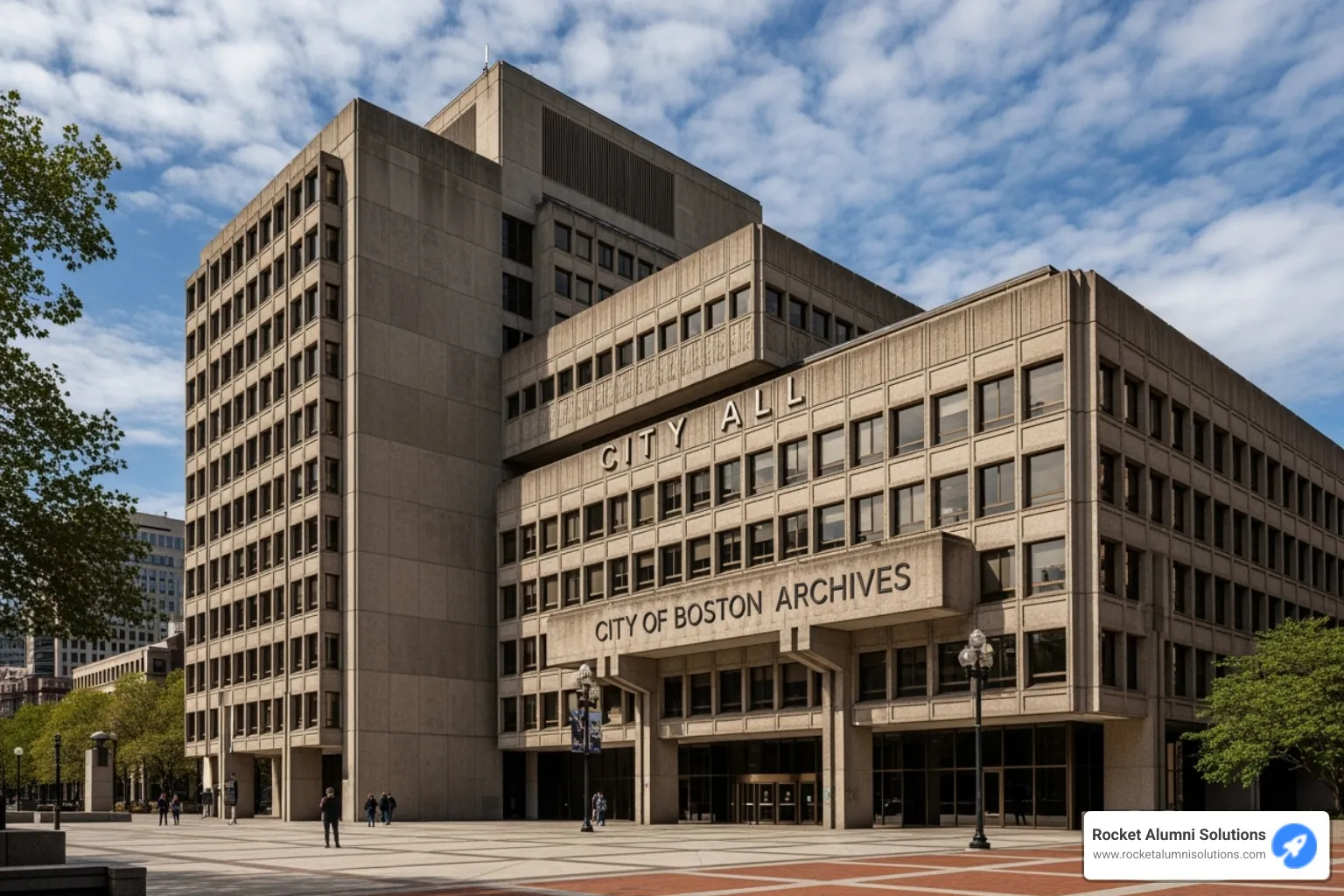 The grand exterior of the Boston City Hall, home to the City of Boston Archives, with a clear sign indicating the building's purpose - digital yearbook Boston The grand exterior of the Boston City Hall, home to the City of Boston Archives, with a clear sign indicating the building's purpose - digital yearbook Boston