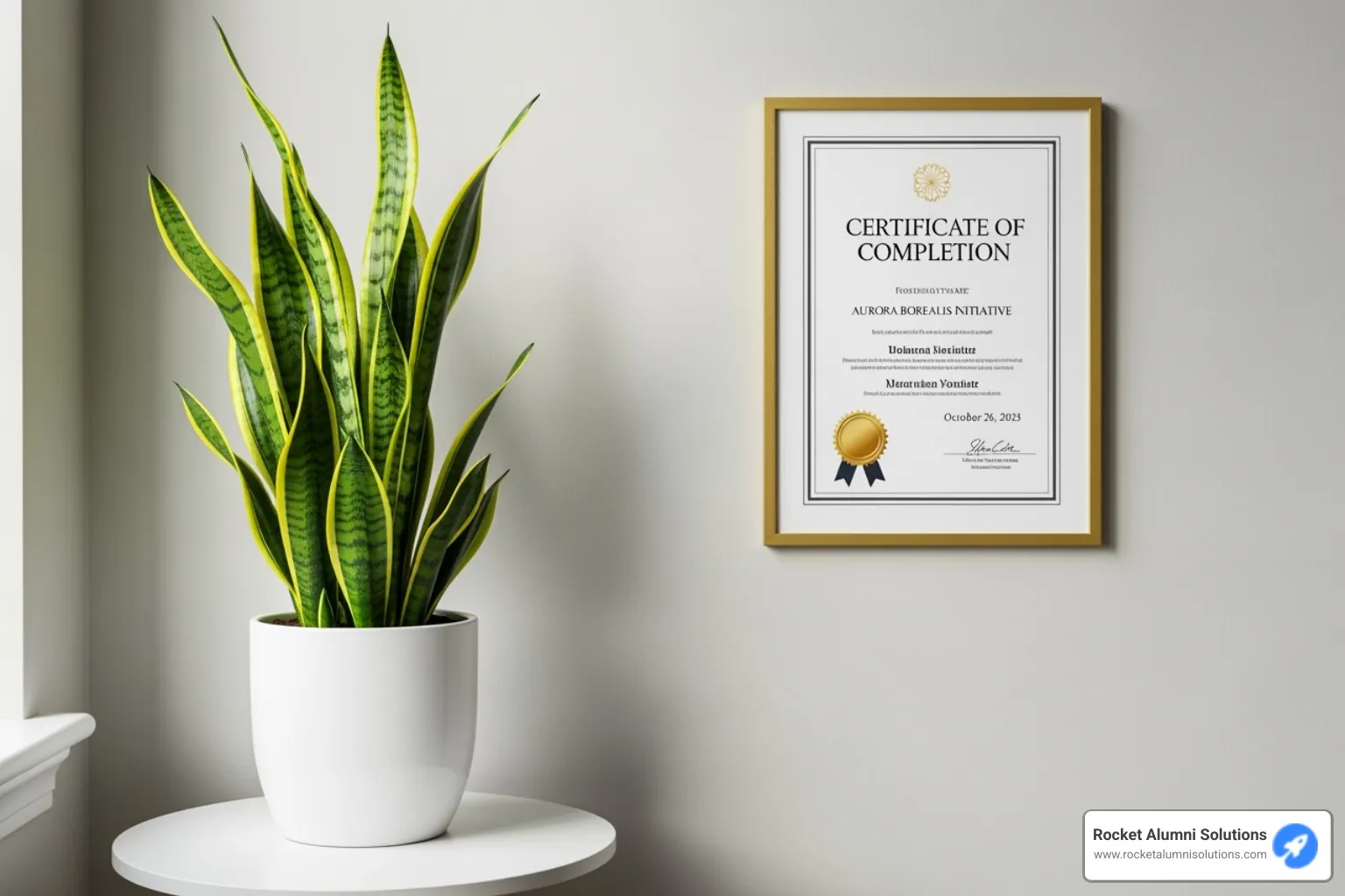 A framed project completion certificate displayed on an office wall next to a thriving plant, symbolizing growth and achievement. - appreciation certificate for project completion A framed project completion certificate displayed on an office wall next to a thriving plant, symbolizing growth and achievement. - appreciation certificate for project completion
