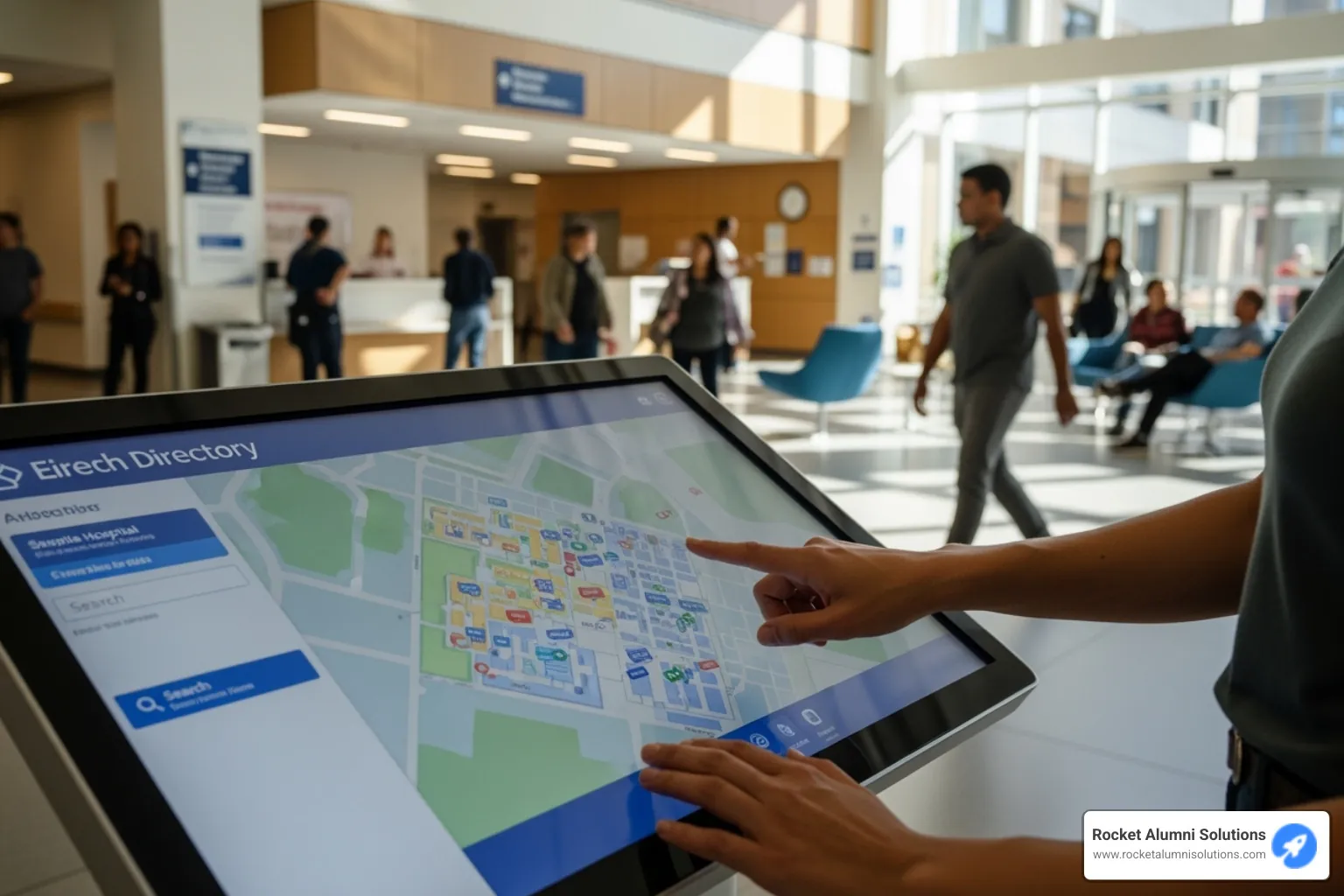 Touchscreen directory being used in a busy hospital lobby - Building Directory Touchscreen