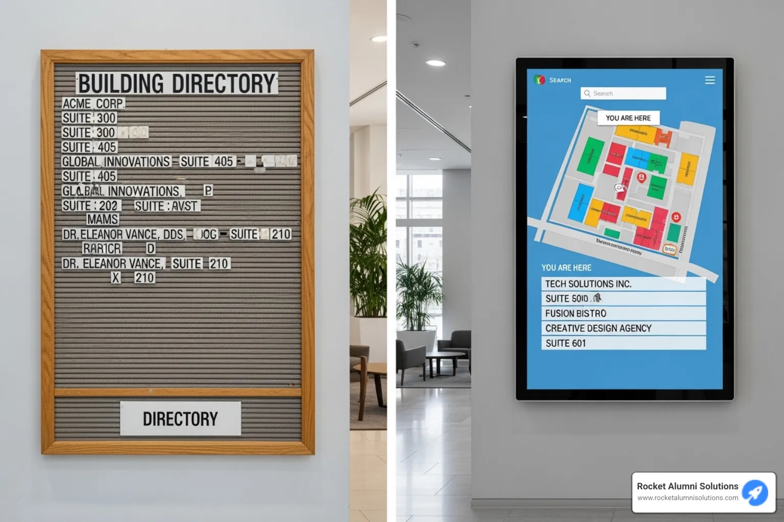 Side-by-side comparison showing an old-fashioned letterboard directory next to a vibrant digital one - Building Directory Touchscreen