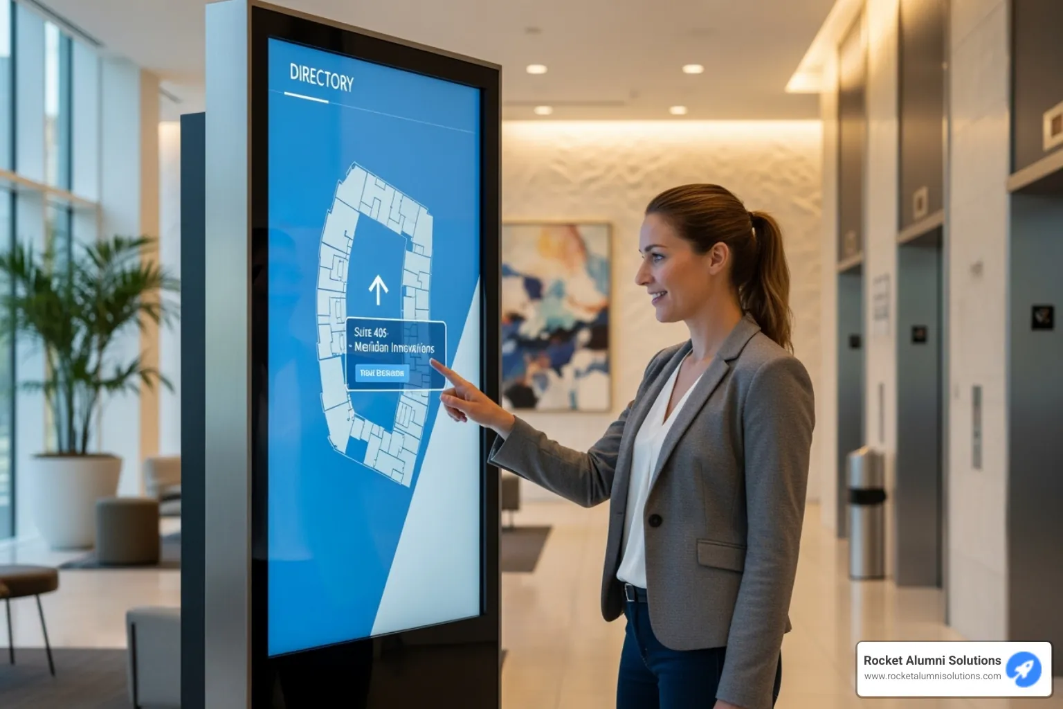 Person easily finding their destination on a touchscreen directory - Building Directory Touchscreen
