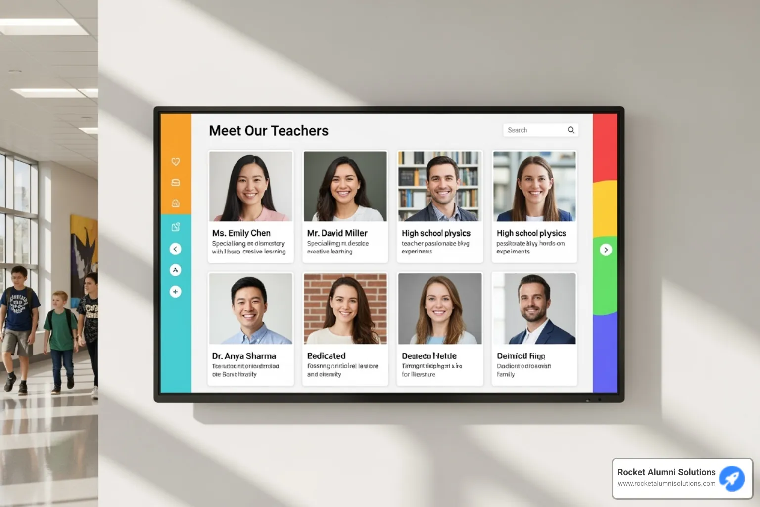 A beautifully designed Rocket Alumni Solutions touchscreen homepage showcasing multiple teacher profiles - Teacher Spotlight Touchscreen
