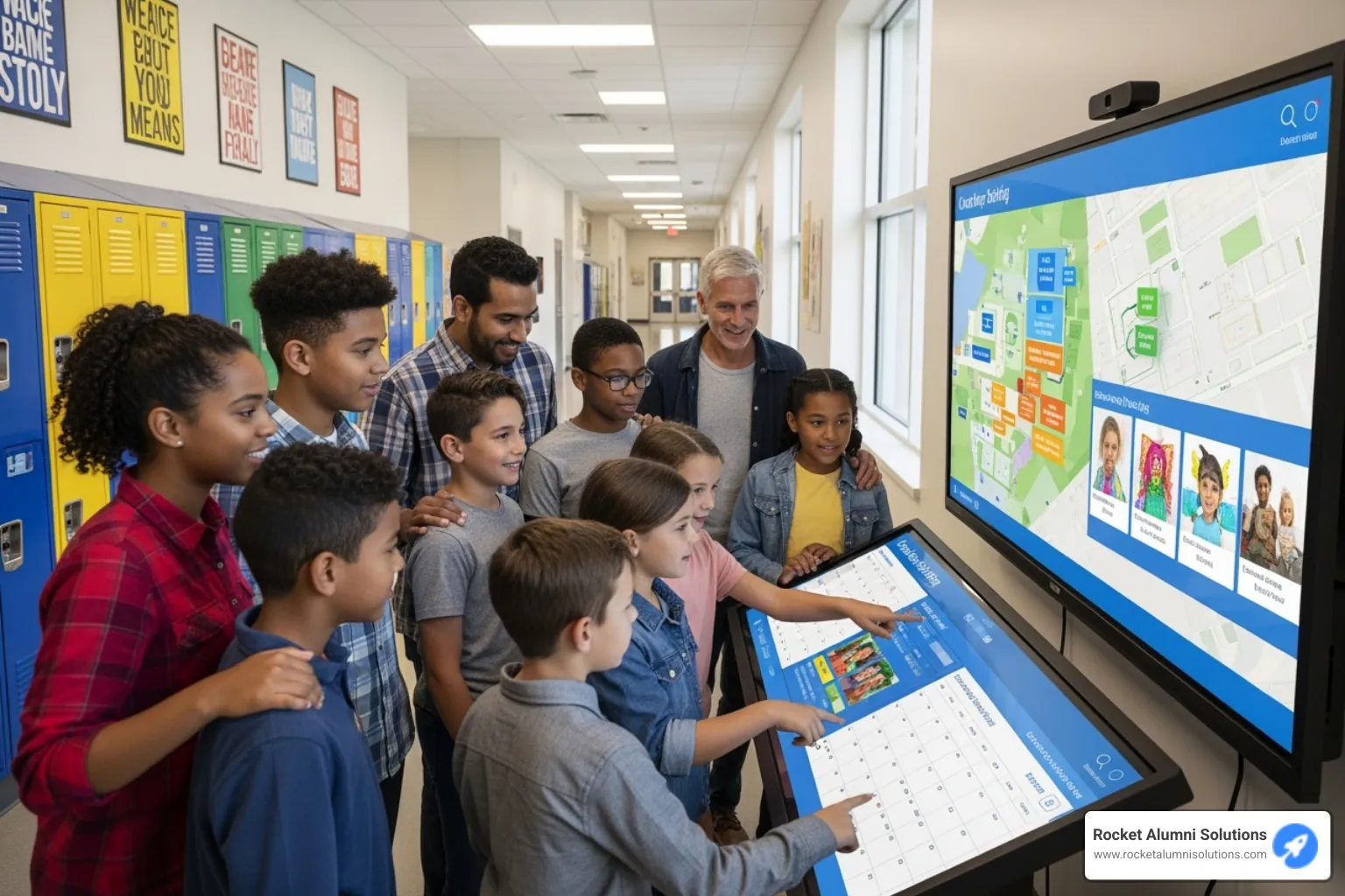 Students and parents interacting with a Rocket Alumni Solutions touchscreen display - Teacher Spotlight Touchscreen